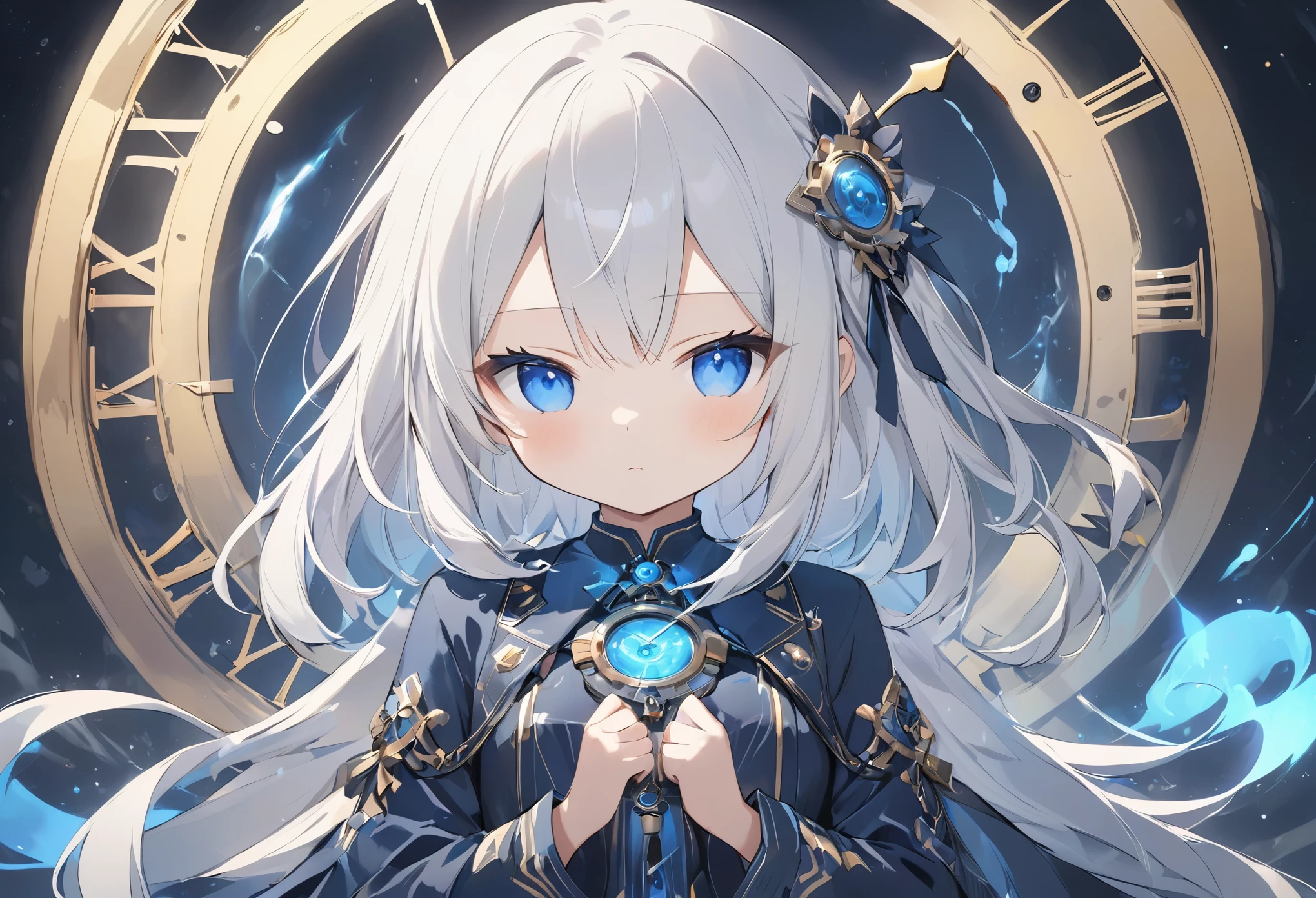 (anime style:1.4),Soft pictorial touches、超High resolution, Attention to detail, high quality, High resolution, 最high quality, 4K, 8K,Blue glowing clock background、White Hair Girl、cute,Beautiful light effect surrounding the body,DonMDj1nnM4g1cXL