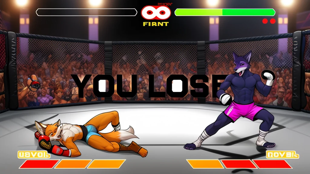 a detailed picture of a boxing match (male anthros, two boy), slim body, slim features, in a boxing ring, Ross Tran, ruan jia, trending on artstation, foxovh,User Interface of Fighting game, Crisis, assorted poses, assorted expression, full body, sound effects, motion blur, from side, ((fox, blue shorts, knocked out on the floor)), (((purple wolf, white shorts, boxing pose))) “VS”