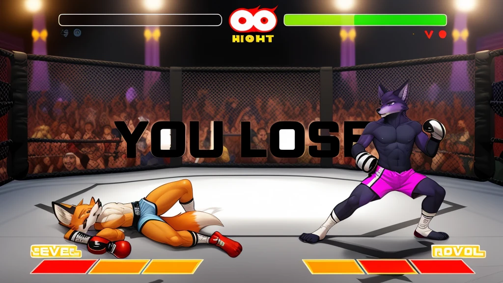 a detailed picture of a boxing match (male anthros, two boy), slim body, slim features, in a boxing ring, Ross Tran, ruan jia, trending on artstation, foxovh,User Interface of Fighting game, Crisis, assorted poses, assorted expression, full body, sound effects, motion blur, from side, ((fox, blue shorts, knocked out on the floor)), (((purple wolf, white shorts, boxing pose))) “VS”