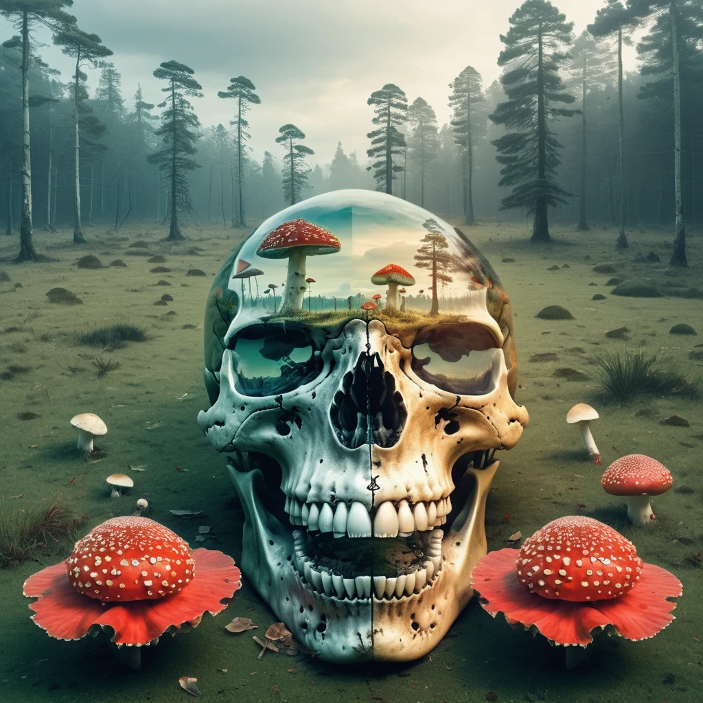 (double exposure:1.3) effect of lion skull and fly agaric mushrooms, superimposed on a tranquil landscape, ultra detailed