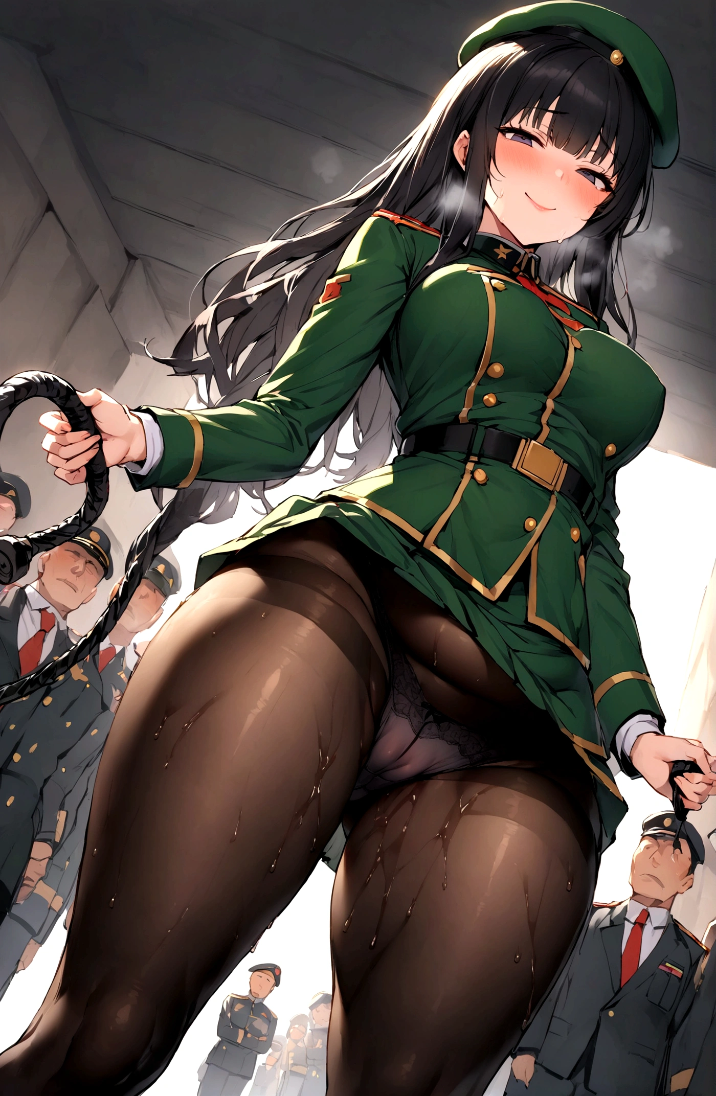 One Woman、A large number of people、Beauty、uniform、military base、Female Officer、crowd、緑のuniform、Slanted Eyes、beret、Tight Skirt、Military personnel、30 years old、Looking down at the viewer, long hair、Sitting on a man's face、Man tortured、Bangs, Highest quality, Focus on the thighs, smile,panties、Plump thighs、Big Ass、Big 、 Black Hair,My thighs are steaming between the legs 、Sweaty pantyhose、パンストの下のpanties、Black Pantyhose、Angle from directly below、Holding a whip、crowdを誘惑する、Acme convulsions、Obscene sound effects、Naughty sound effects、Facesitting、Rubbing the groin