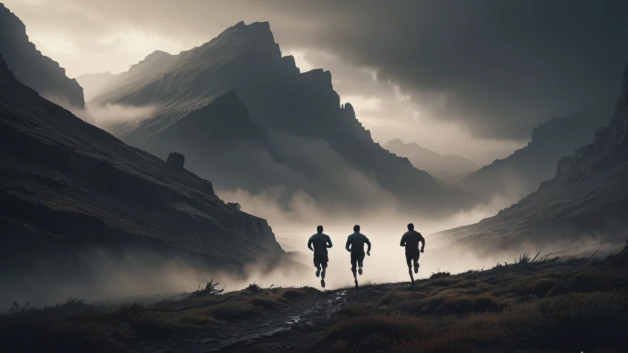 a detailed silhouette of two men running in a dramatic landscape, dynamic motion blur, cinematic lighting, muted color palette, moody atmosphere, epic scale, highly detailed, photorealistic, dramatic lighting, dynamic poses, atmospheric fog, rugged terrain, dramatic shadows, cinematic composition, beautiful skies, weathered textures, rich colors, stunning details, masterpiece, unreal engine, concept art style