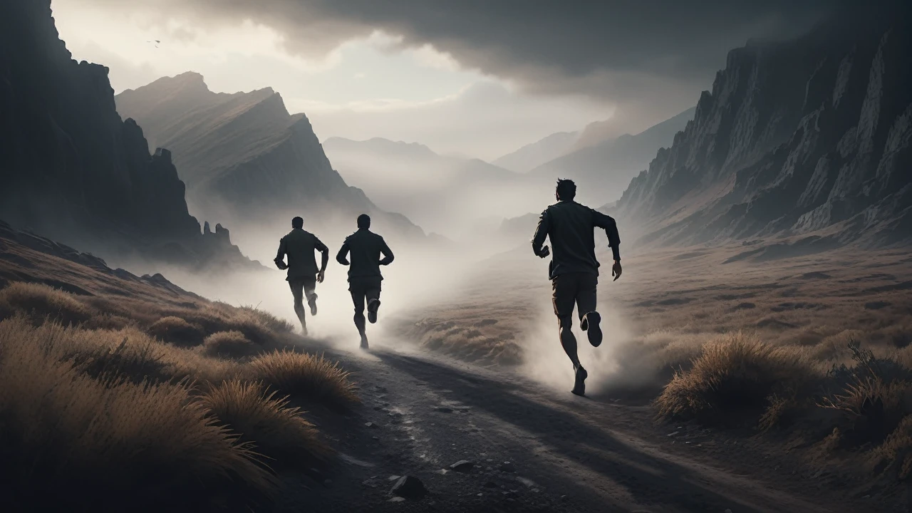 a detailed silhouette of two men running in a dramatic landscape, dynamic motion blur, cinematic lighting, muted color palette, moody atmosphere, epic scale, highly detailed, photorealistic, dramatic lighting, dynamic poses, atmospheric fog, rugged terrain, dramatic shadows, cinematic composition, beautiful skies, weathered textures, rich colors, stunning details, masterpiece, unreal engine, concept art style