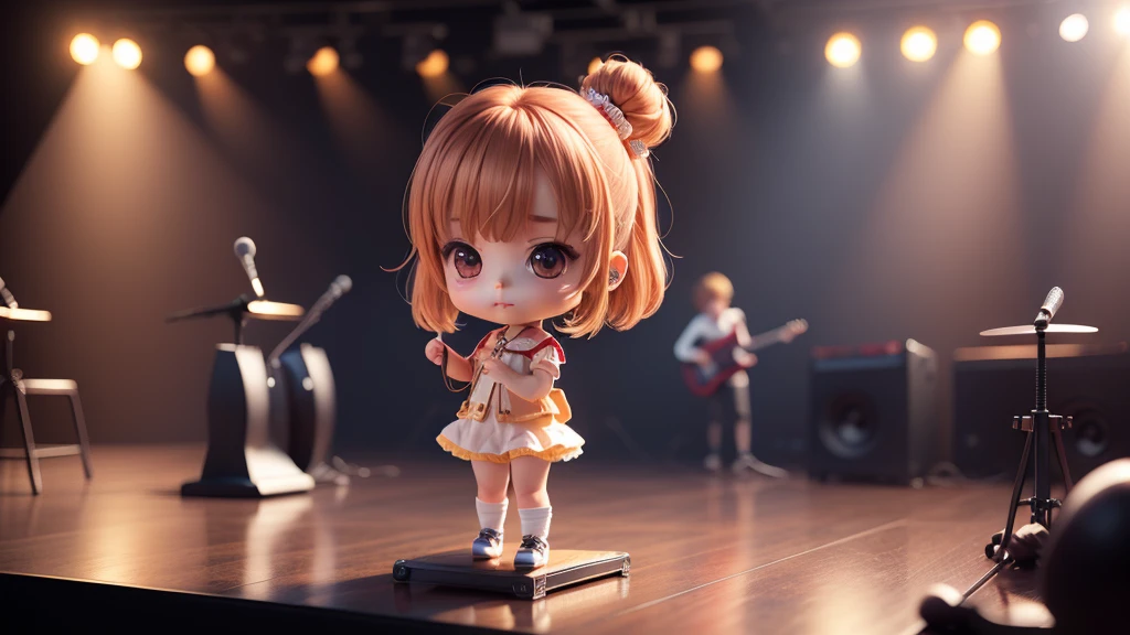 Anime Baby Chibi Cute、(((Chibi 3D))) (best quality), (concert stage)、(stand),Brown hairstyle、concert stage、detailed face、relax,(ผู้ชายstandถือกีต้า)