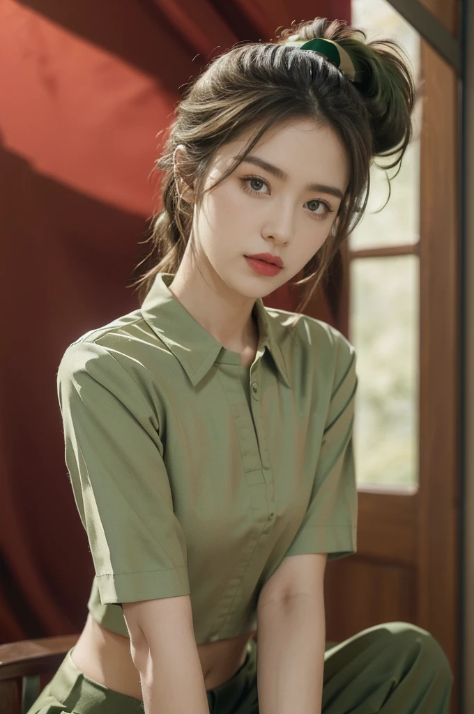(((best quality))),(((ultra detailed))),(((masterpiece))),illustration,((1 beautiful young girl,female soldier,solo)),(short ponytail:1.3),((slim,thin)),((small breasts,flat chest)),determined,professional,demeanor,(light green collared short-sleeved shirt:1.3),(dark green trousers:1.2),military,affiliation,background,military conference room,walls,maps,battlefields,strategic points,markings,(large red flag),nation's unity,strength,seriousness,planning,important discussion,rigid posture,focused expression,confidence,respectability,bright intense eyes,analyzing situation,contribute thoughts,ideas,charm,powerful,intense atmosphere,freezes moment in time,essence,striking appearance,(night scene:1.2),((from front,upper body))