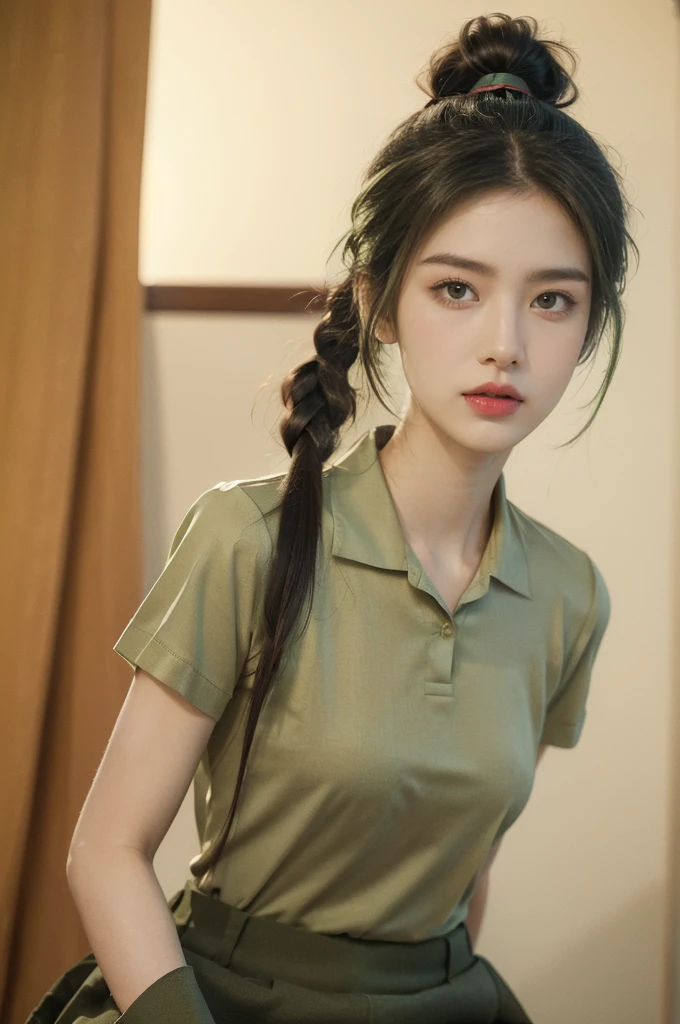 (((best quality))),(((ultra detailed))),(((masterpiece))),illustration,((1 beautiful young girl,female soldier,solo)),(short ponytail:1.3),((slim,thin)),((small breasts,flat chest)),determined,professional,demeanor,(light green collared short-sleeved shirt:1.3),(dark green trousers:1.2),military,affiliation,background,military conference room,walls,maps,battlefields,strategic points,markings,(large red flag),nation's unity,strength,seriousness,planning,important discussion,rigid posture,focused expression,confidence,respectability,bright intense eyes,analyzing situation,contribute thoughts,ideas,charm,powerful,intense atmosphere,freezes moment in time,essence,striking appearance,(night scene:1.2),((from front,upper body))