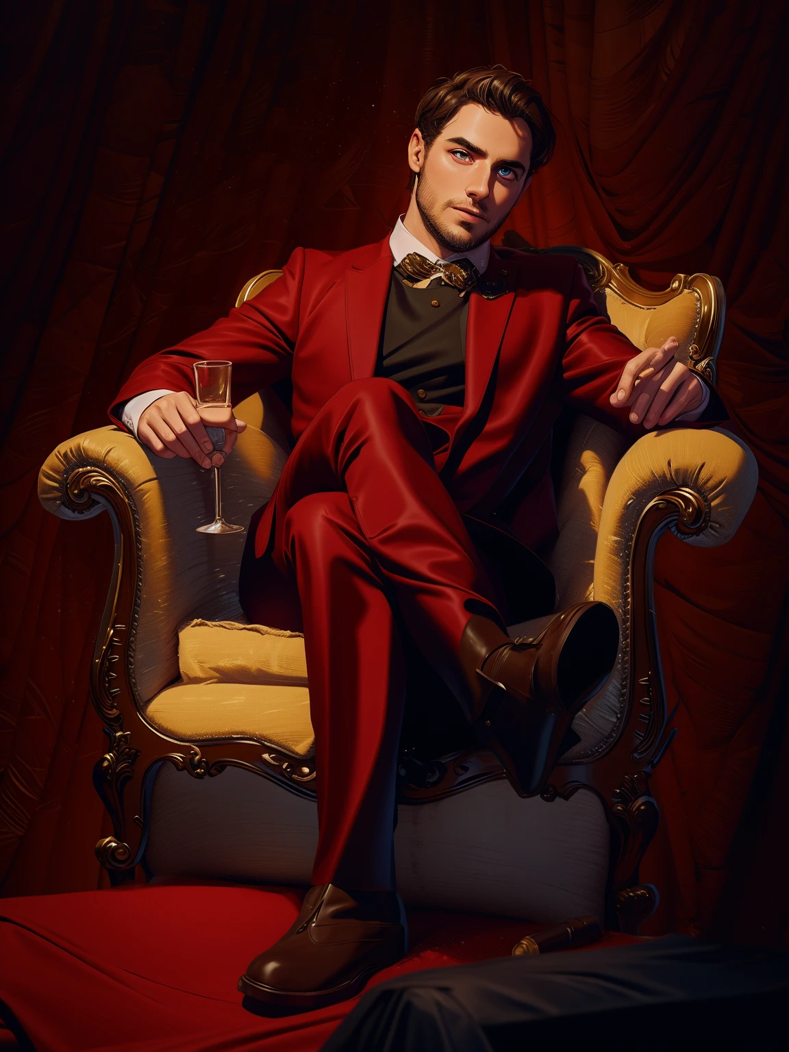 man, Man sitting on a chair, мужчина одет в red suit, (red suit), masterpiece, Best quality, amazing, beautiful подробные, finely detailed, depth of field, чрезвычайно подробные обои CG Unity 8k, whole body, (detailed face:1.2), (detailed eyes:1.2), whole body,