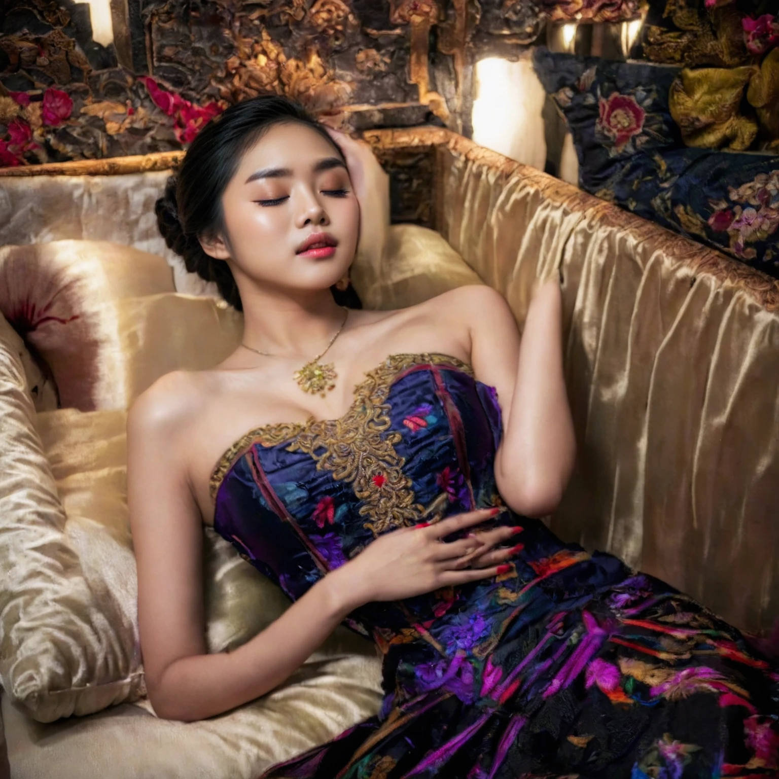 In a striking 8K HDR scene, a stunning Korean woman, 22 years old, lies peacefully in a coffin and coffin cover surrounded by plush pillows behind head. The deep box is set against a rich black background, accentuating the beauty of the subject. Her exquisite deep-V neckline kebaya attire is embroidered with superb detail, showcasing her round and firm breasts, perfect cleavage, and beautiful eyebrows. Her closed eyes and mouth give an air of serenity, while her visible and absolute cleavage leave nothing to imagination. The scene is bathed in saturated colors, highlighting every intricate aspect from the ball skirt to her clean face, straight body, detailed hand perfect hands, straight body, own hands together, own hand on stomach, detailed hands, perfect hands, holding the flowers, waring high heels