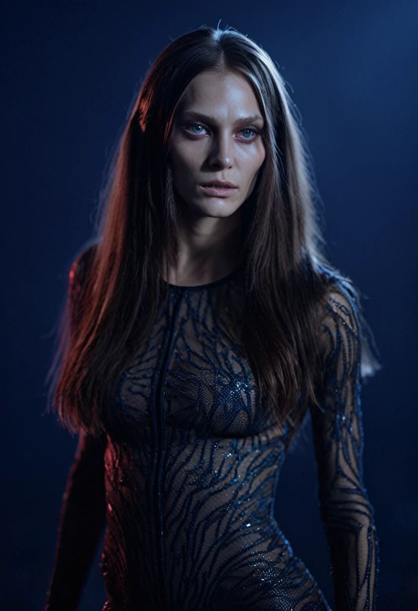 Fashionable of androgynous alien looking witch, glowing eyes, beautiful evil slavic woman dressed in closed clothes, muscular, pale skin, long hair, slight smile, futuristic design, minimal details, givenchy, photoreal, 200mm, hd, f/ 2.0, highly detailed, surreal , drop dead, in the style of red and blue, (intricate details, hyperdetailed:1.15) (skin texture:1.2), photography studio,__perspective__, cinematic, professional, 4k, (((dynamic model pose))), full body, mesmerizing, dynamic, dramatic, dynamic pose, highly detailed skin with hair, subcutaneous veins, light and shadow play, highly detailed,24mm photograph, bokeh, professional, 4k,