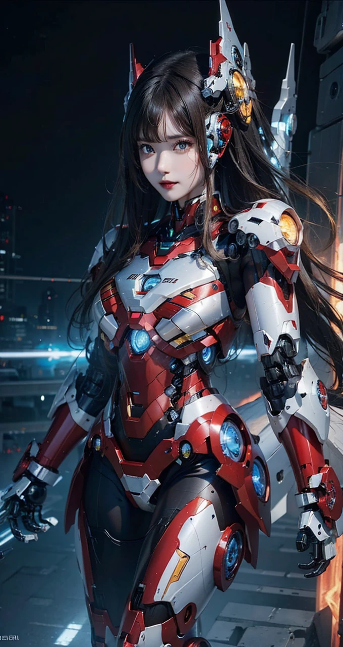 Super detailed, advanced details, high quality, 最high quality, High resolution, 1080P, Hard disk, beautiful,(Iron Girl),Beautiful cyborg woman,Mecha Cyborg Girl,battle mode,Mecha body girl,She wears an Iron Man mech,full body shot