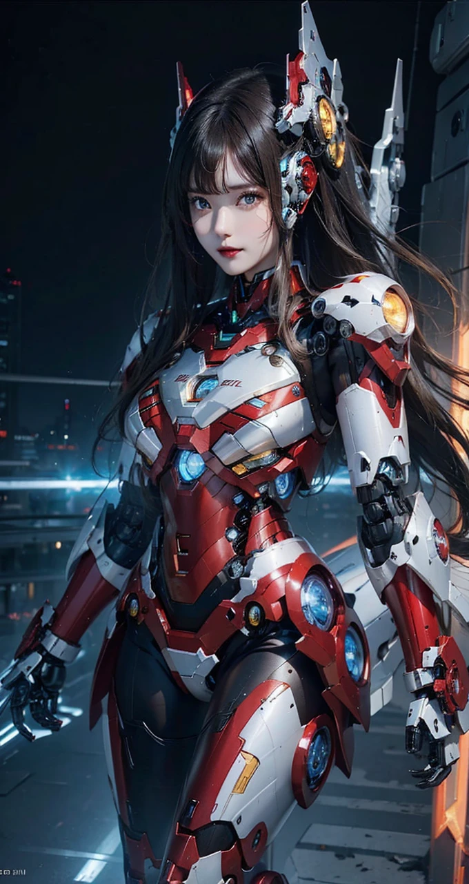 Super detailed, advanced details, high quality, 最high quality, High resolution, 1080P, Hard disk, beautiful,(Iron Girl),Beautiful cyborg woman,Mecha Cyborg Girl,battle mode,Mecha body girl,She wears an Iron Man mech,full body shot