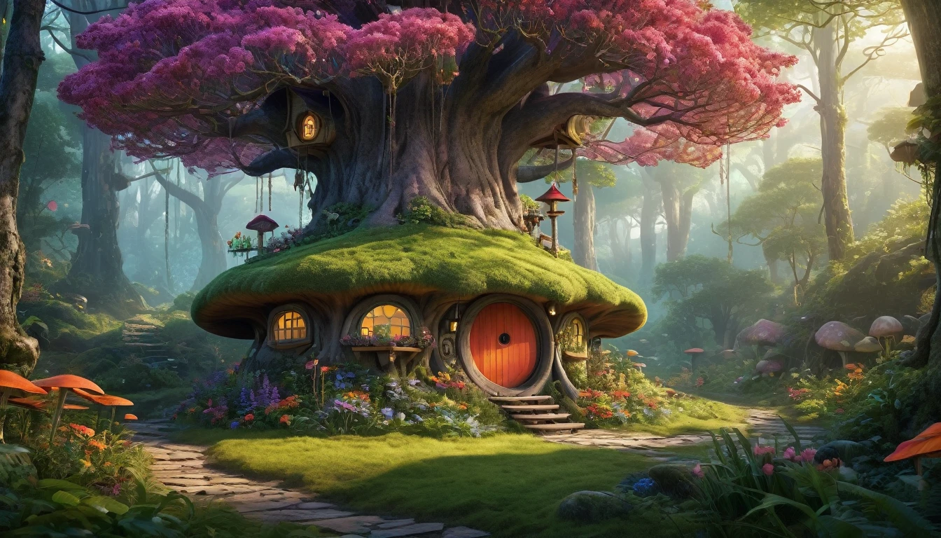 (Mysterious fantasy forest，Dense trees，A strange and cute little tree:1.5)，A hobbit cabin, It is vividly depicted in the work (Best quality, 8K, Advanced resolution, Masterpiece: 1.2), With ultra-detailed detail， (1.4x realism, Photorealistic: 1.37). This fantasy forest is made up of bright colors，bathed in the warm glow of the sun, Create a cheerful and whimsical atmosphere. The house has been designed with great attention to detail, With a complex design and unique architecture, Similar to a mushroom-shaped house。 (This fantasy forest is surrounded by lush greenery and colorful flowers), Elevate a captivating and magical environment。 The artwork showcases an illustrative style, Inspired by children's book illustrations, Ensures a glamorous and nostalgic touch. The color palette consists of vibrant rainbow colors, Seven colors，Evoke feelings of joy and playfulness. Lighting accentuates the picturesque scene, Soft and warm shadows are created that add depth and warmth to the artwork. Every detail is impeccablely presented, creating a visually stunning masterpiece，Capture the essence of the fantasy forest.