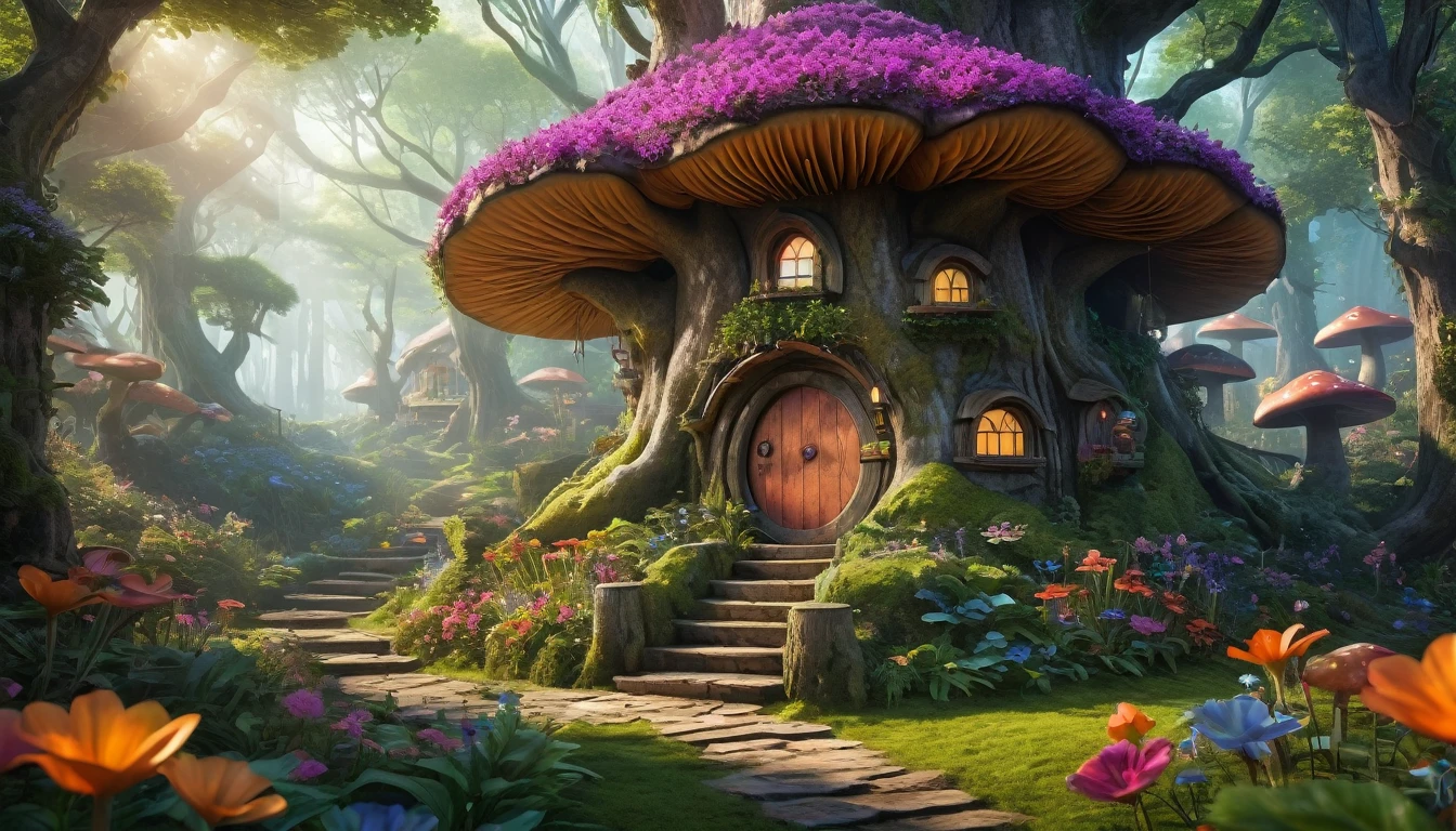 (Mysterious fantasy forest,Dense trees,A strange and cute little tree:1.5),A hobbit cabin, It is vividly depicted in the work (Best quality, 8K, Advanced resolution, Masterpiece: 1.2), With ultra-detailed detail, (1.4x realism, Photorealistic: 1.37). This fantasy forest is made up of bright colors,bathed in the warm glow of the sun, Create a cheerful and whimsical atmosphere. The house has been designed with great attention to detail, With a complex design and unique architecture, Similar to a mushroom-shaped house。 (This fantasy forest is surrounded by lush greenery and colorful flowers), Elevate a captivating and magical environment。 The artwork showcases an illustrative style, Inspired by children's book illustrations, Ensures a glamorous and nostalgic touch. The color palette consists of vibrant rainbow colors, Seven colors,Evoke feelings of joy and playfulness. Lighting accentuates the picturesque scene, Soft and warm shadows are created that add depth and warmth to the artwork. Every detail is impeccablely presented, creating a visually stunning masterpiece,Capture the essence of the fantasy forest.