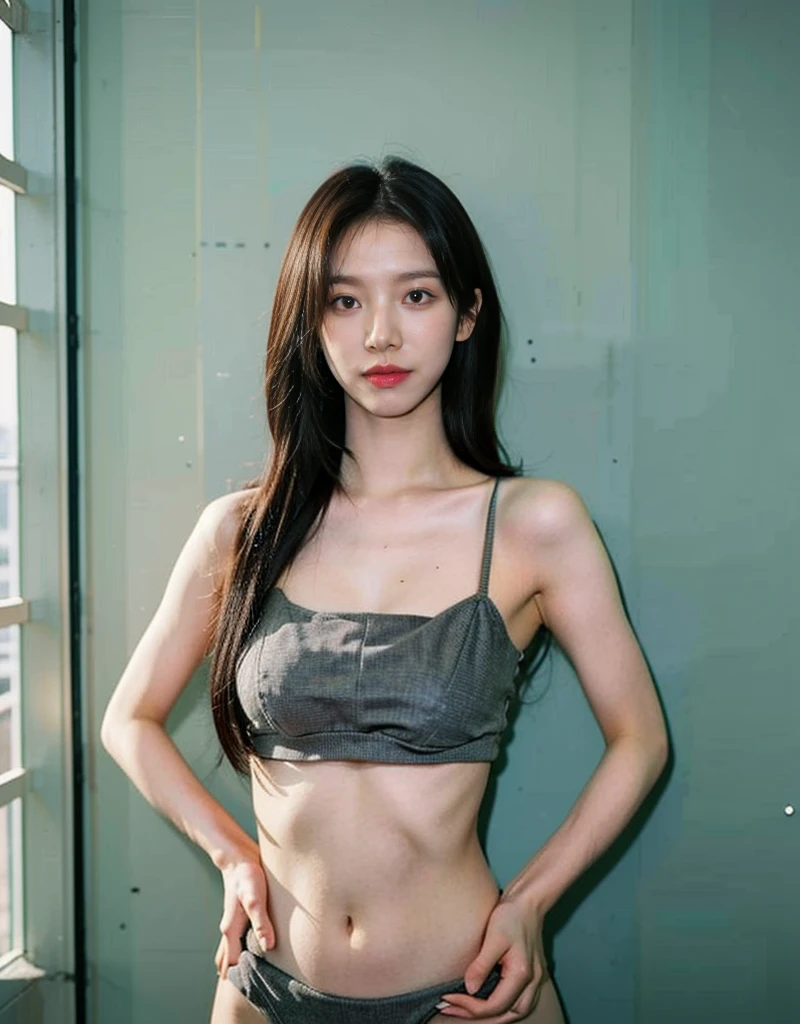 (Highly detailed body,wearing a gray luxury bikini, deep division, wearing a y top, very detailed face,very best quality:1.2) ,very bigman,look at the viewers,(gray bikini top,bikini details:1.2),(strong bacnd room:1.4)(Big 3), full body shot, random pose,