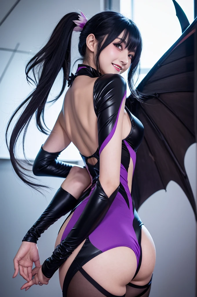 Draw a face carefully High quality anime style faces Black Hair Black full body suit Purple pantyhose with bat print Attractions Laughter Morrigan Aensland Rear View