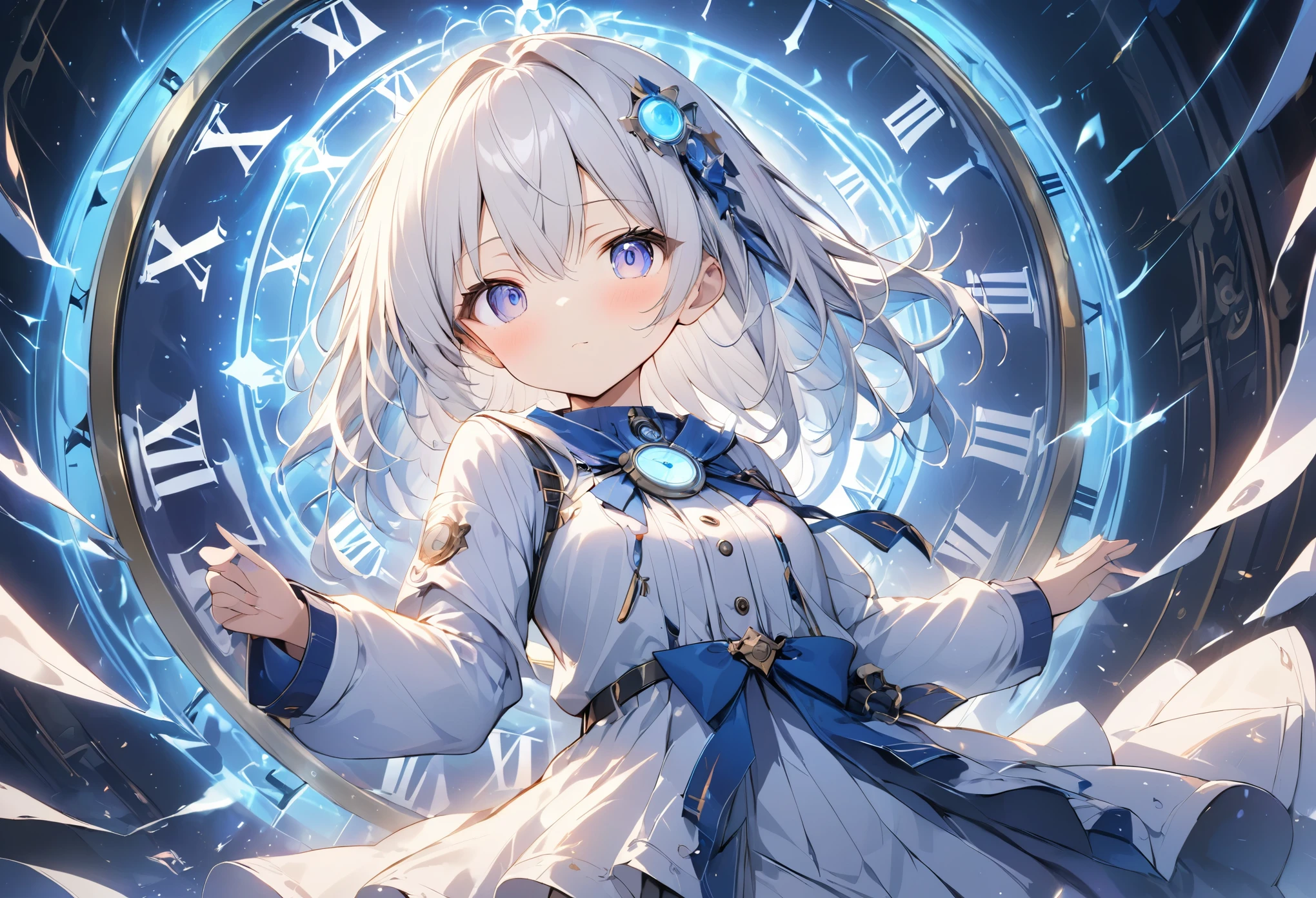 (anime style:1.4),Soft pictorial touches、超High resolution, Attention to detail, high quality, High resolution, 最high quality, 4K, 8K,Blue glowing clock background、White Hair Girl、cute,Beautiful light effect surrounding the body,DonMDj1nnM4g1cXL