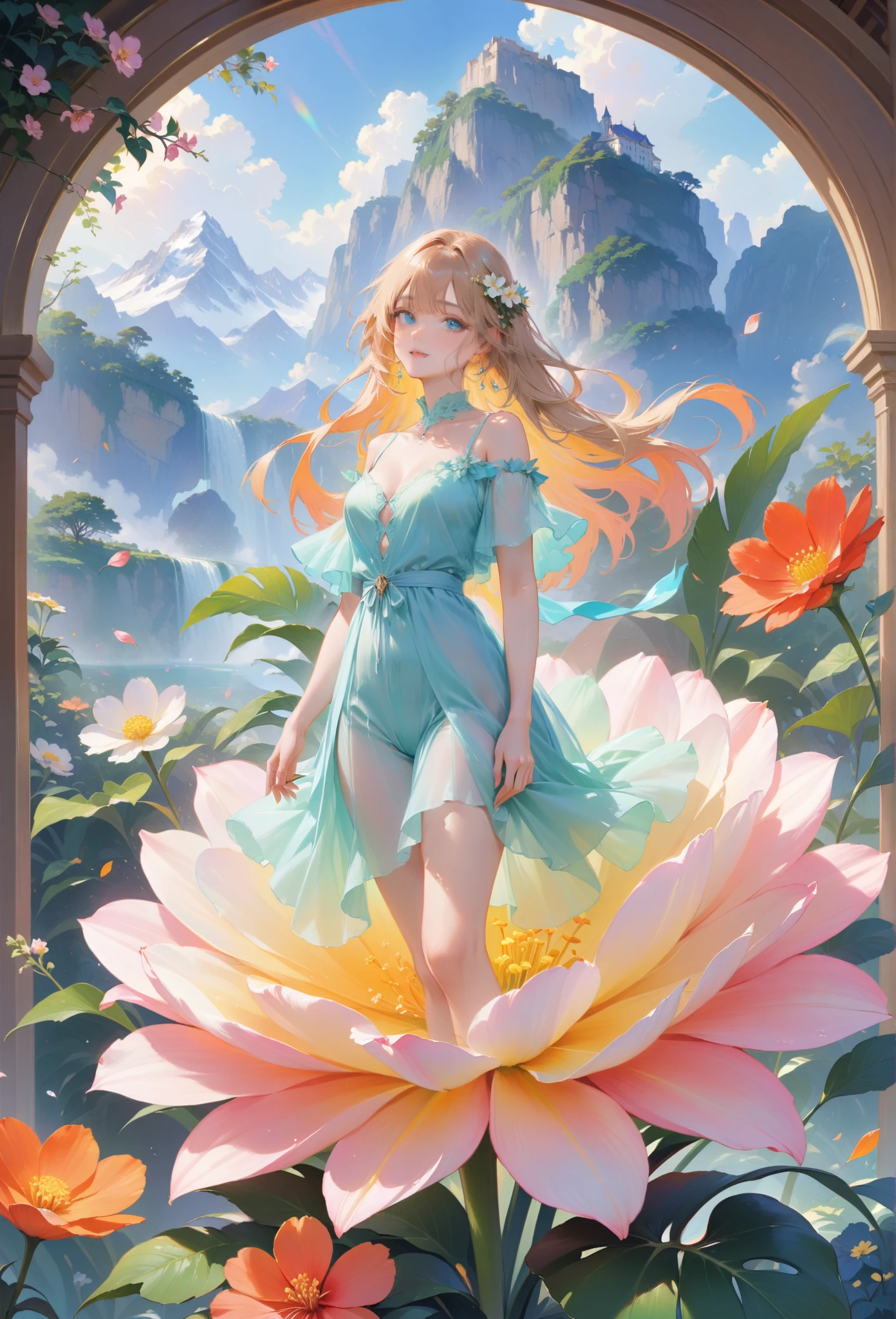 (best quality,4k,8k,highres,masterpiece:1.2),1girl,standing on giant flower,oversized_flower,on_flower,ultra-detailed,realistic:.75,delicate,vibrant color palette,ethereal atmosphere,peaceful,serene,soft sunlight filtering through colored glass,lush greenery,vividly colored blossoms,transcendent beauty,awe-inspiring artwork,face focus,dsmile:.25,