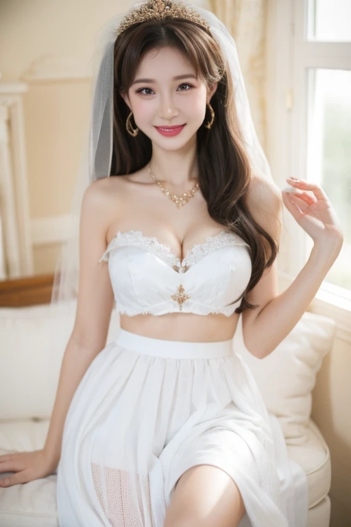 Highest quality、masterpiece、High sensitivity、High resolution、Detailed Description、Slender women、Slim Body、Glasses、Lace white skirt、Tube top、smile、