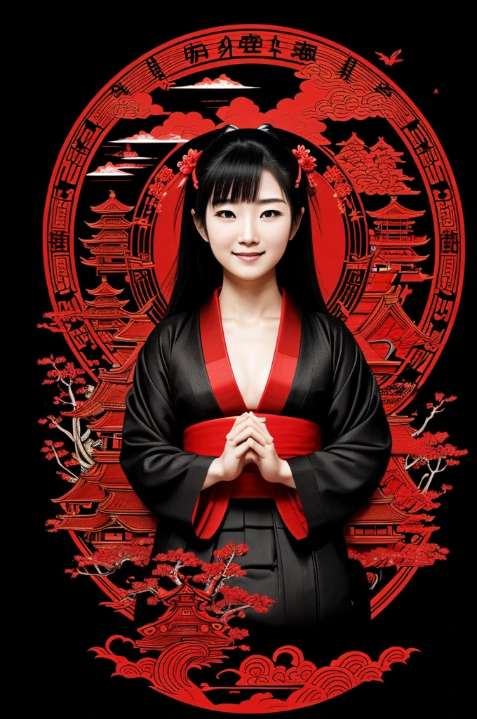 Image with the theme of Japanese culture, with a black and red background, including the phrase "Happiness has no end"