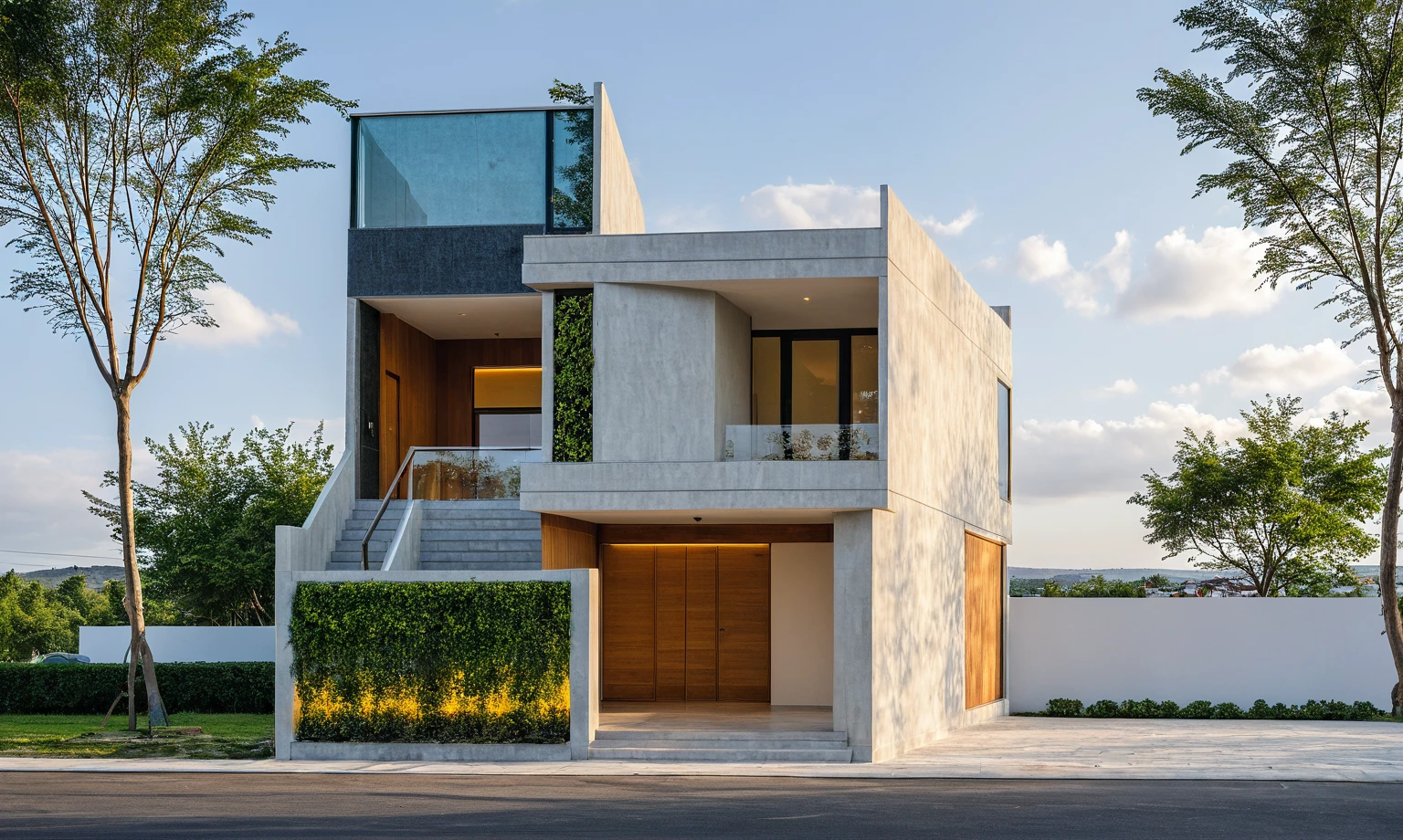 Masterpiece, high quality, best quality, authentic, super detail, outdoors, onestoreyvillaXL, aiaigroup, house style modern on the street ,stairs, white wall ,road,pavement, grass, trees, sky, cloud, (daylight:1.1)
