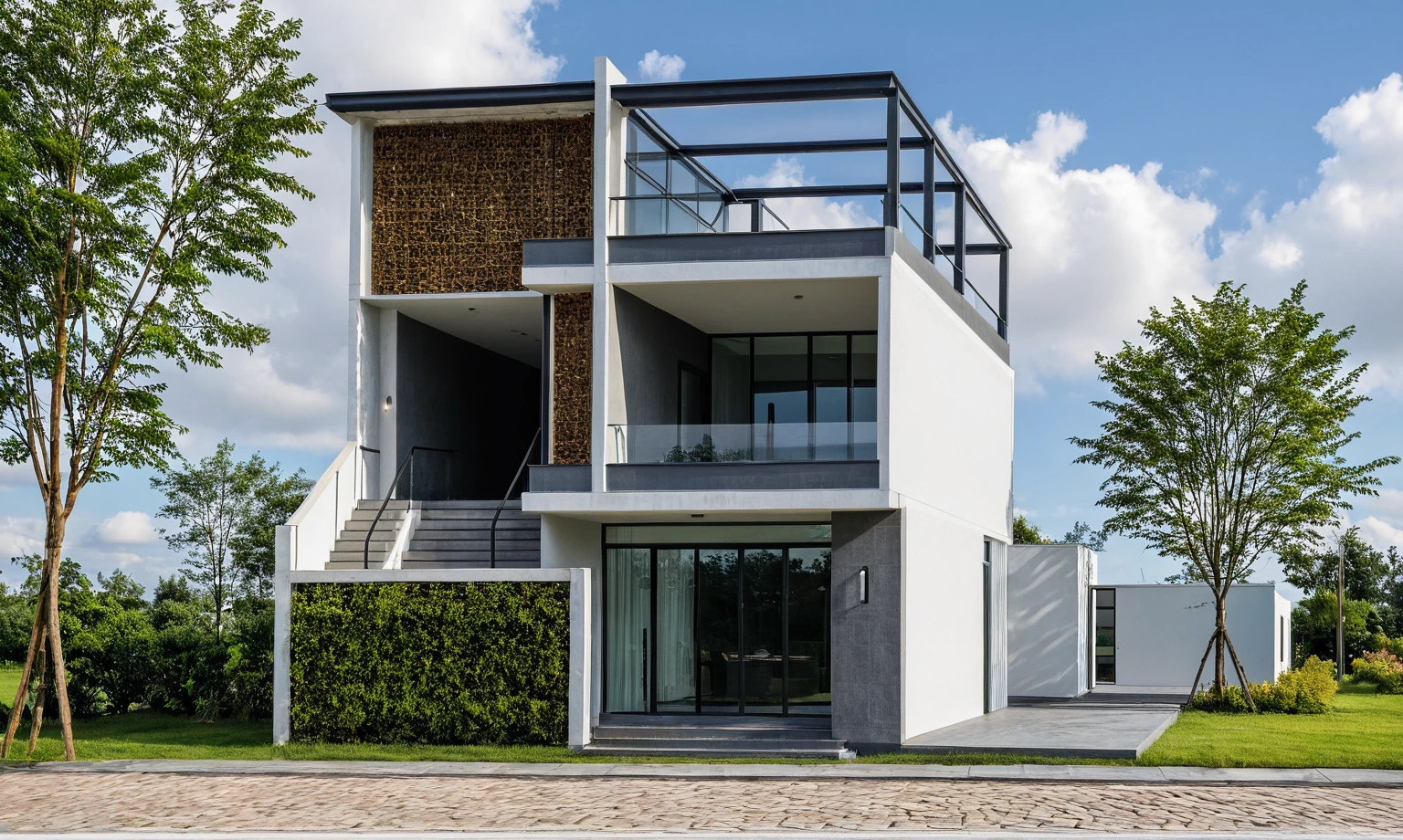 Masterpiece, high quality, best quality, authentic, super detail, outdoors, onestoreyvillaXL, aiaigroup, house style modern on the street ,stairs, white wall ,road,pavement, grass, trees, sky, cloud, (daylight:1.1)
