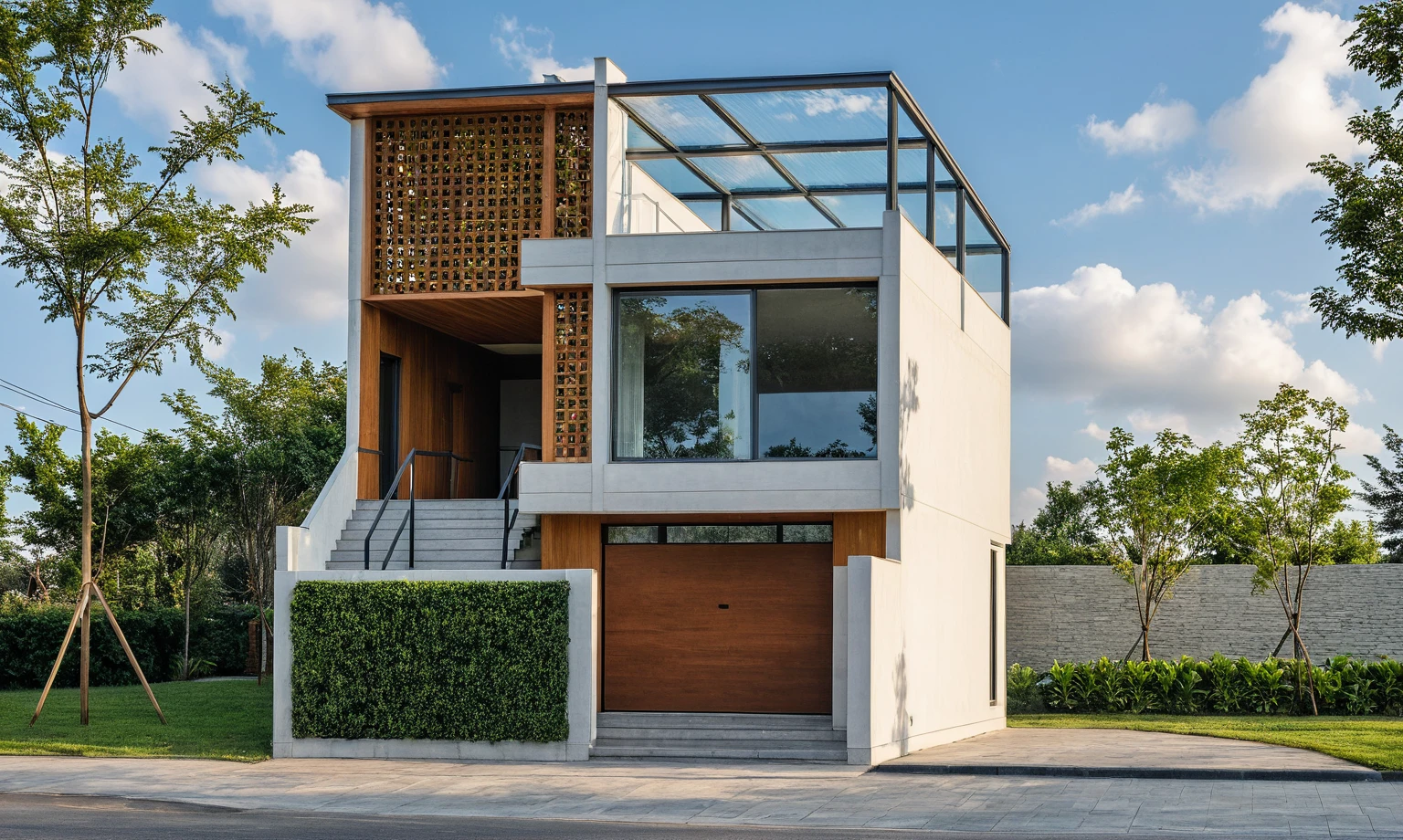 Masterpiece, high quality, best quality, authentic, super detail, outdoors, onestoreyvillaXL, aiaigroup, house style modern on the street ,stairs, white wall ,road,pavement, grass, trees, sky, cloud, (daylight:1.1)
