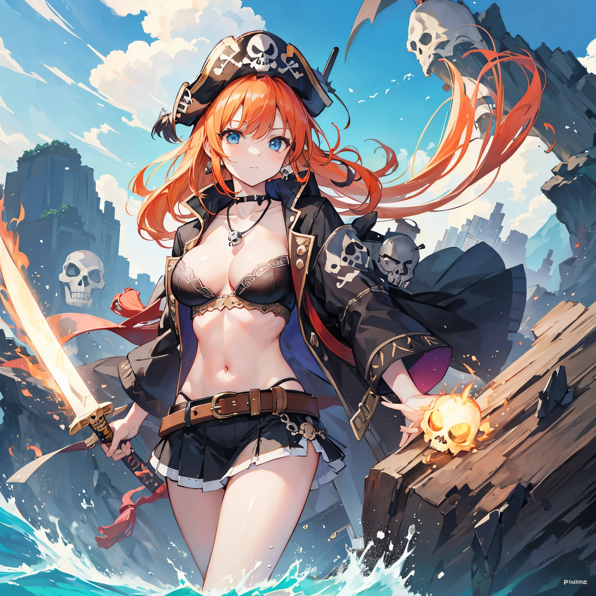 ((((pirate女帝　Skull Island　swordを持つ))))　(((Skull pattern　pirate　Large Breasts)))　((Boat　Orange Hair　blue eyes))　((necklace　sword))　(noon　Boatの上　sun　cloud)　Catch the wind　Shining Background　Light