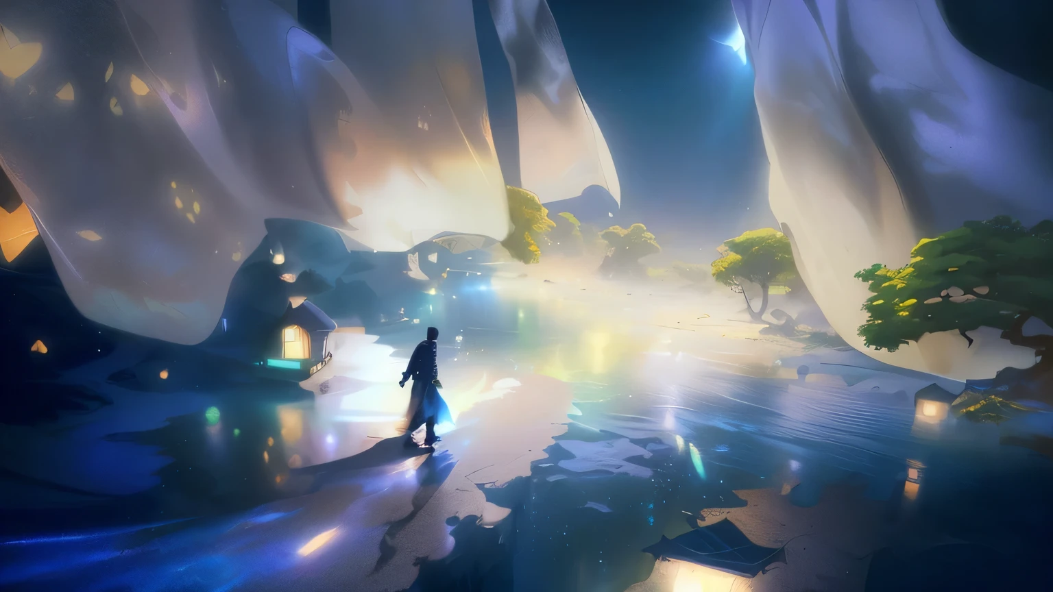 anime scene of a man walking through a dark, empty area, makoto shinkai cyril rolando, concept art magical highlight, rossdraws global illumination, cyril rolando and goro fujita, magical concept art, dreamlike digital painting, a beautiful artwork illustration, inspired by Cyril Rolando, stunning! concept art, concept art digital illustration