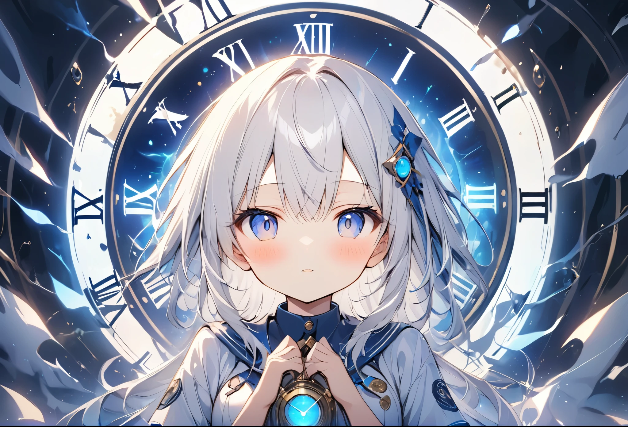 (anime style:1.4),Soft pictorial touches、超High resolution, Attention to detail, high quality, High resolution, 最high quality, 4K, 8K,Blue glowing clock background、White Hair Girl、cute,Beautiful light effect surrounding the body,DonMDj1nnM4g1cXL、祈りをするポーズ