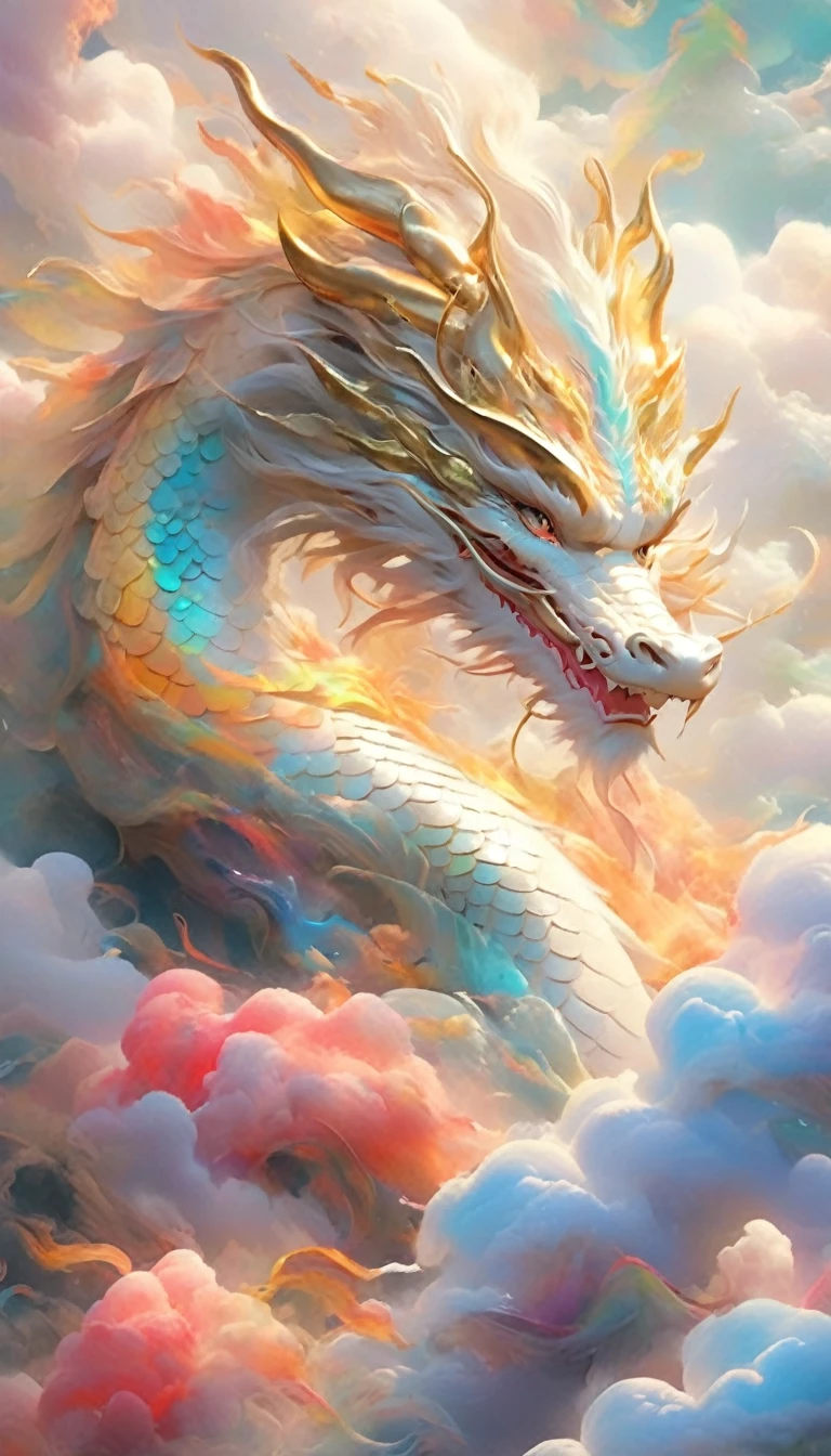 A dragon rises from the sea of clouds、Carrying great happiness、Huge gold and red body、High detail、High resolution、High color rendering、High resolution、Surreal、Realistic、Rainbow colors、Pastel colored scales