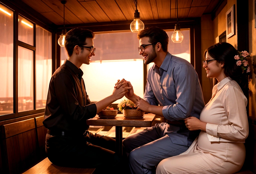 Man and woman in a small cozy restaurant, Evening, sunset, hanging flowers, ((the woman is a little plump)),in a beautiful modest dress, Man in shirt and trousers, slim with glasses,they smile and hold hands. ultra detailed, hyperrealism, Best quality, 8 k