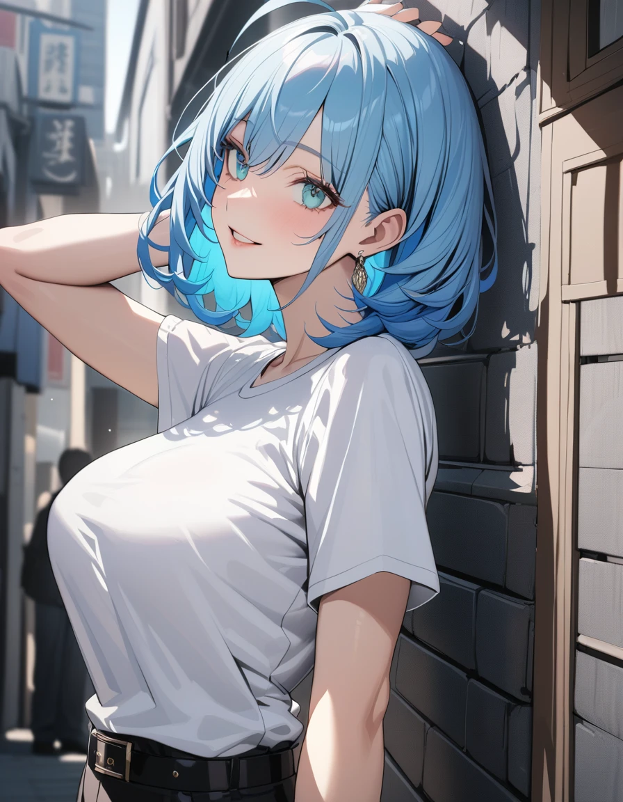 A blue-haired, Hair tied back into a round bun. yellow-eyed, blushing Wear a normal white t-shirt. black shorts big breasts