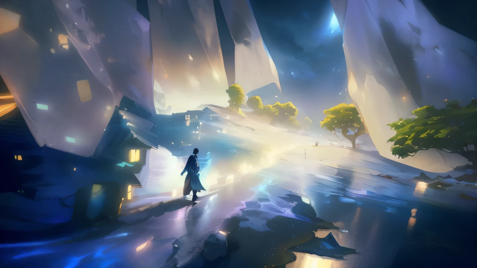 anime scene of a man walking through a dark, empty area, makoto shinkai cyril rolando, concept art magical highlight, rossdraws global illumination, cyril rolando and goro fujita, magical concept art, dreamlike digital painting, a beautiful artwork illustration, inspired by Cyril Rolando, stunning! concept art, concept art digital illustration
