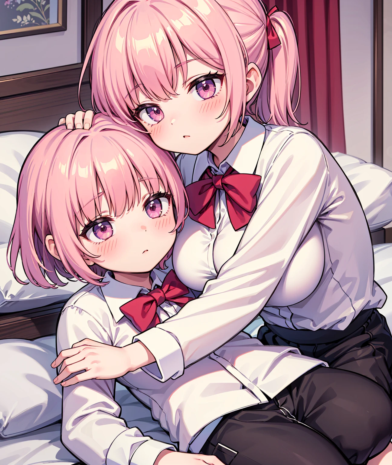 masterpiece, Highest quality, so beautiful, absurdists,High resolution,One girl, One boy,Cuddling in bed, like,sexly,Look at each one, blush,Age difference,bow tie,blondes,chest,Long Hair,Pink Hair,Tucked in shirt,short hair,skirt,Tent shirt,Slut,Big breasted sister and brother,Siblings, trousers,Pushing her big tits against her brother,My brother&#39;s penis erect in his trousers,(My brother&#39;s small erect penis),((((姉のHUGE breasts,Sister crushes her big tits in her brother&#39;s face))))