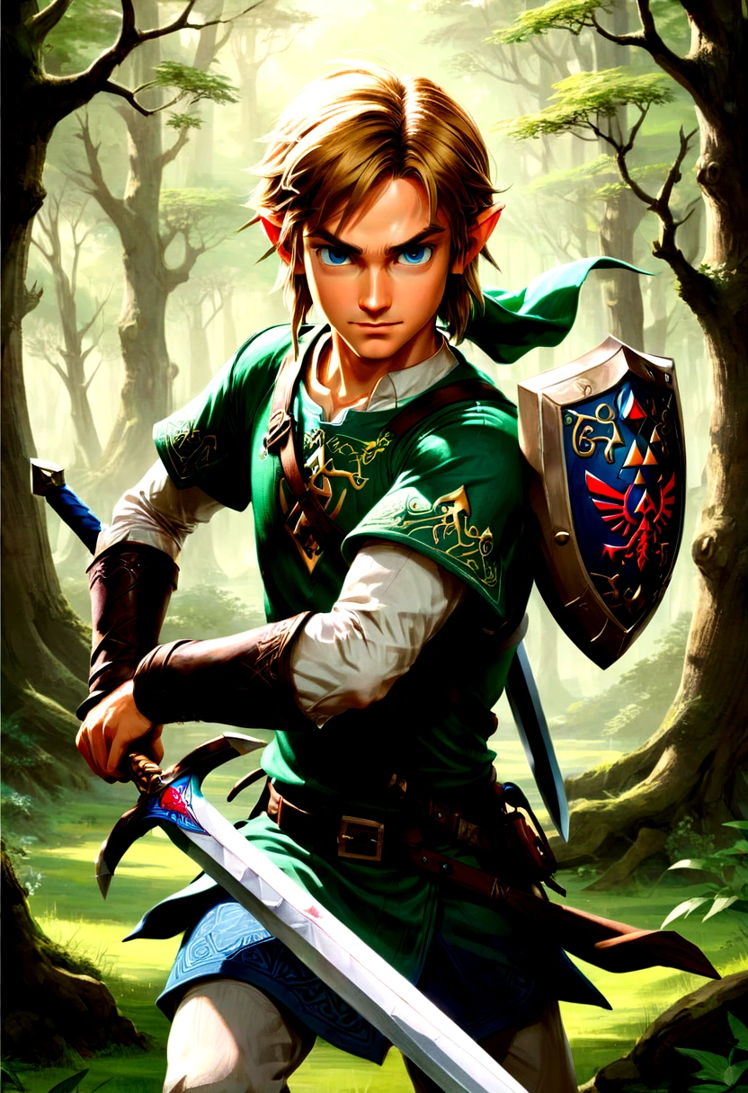 1boy, Link, The Legend of Zelda, Generate a high-fidelity, detail-oriented closeup of Link from the Legend of Zelda holding a sword and shield. The setting is a forest background, with elements such as trees and shrubs subtly included in the background. The image should mimic the texture and depth of an oil painting, expressing the character's confident nature yet also its beauty in a poignant and compelling way, influenced by the art of Lou Xaz, masterpiece, best quality, very aesthetic, absurdres