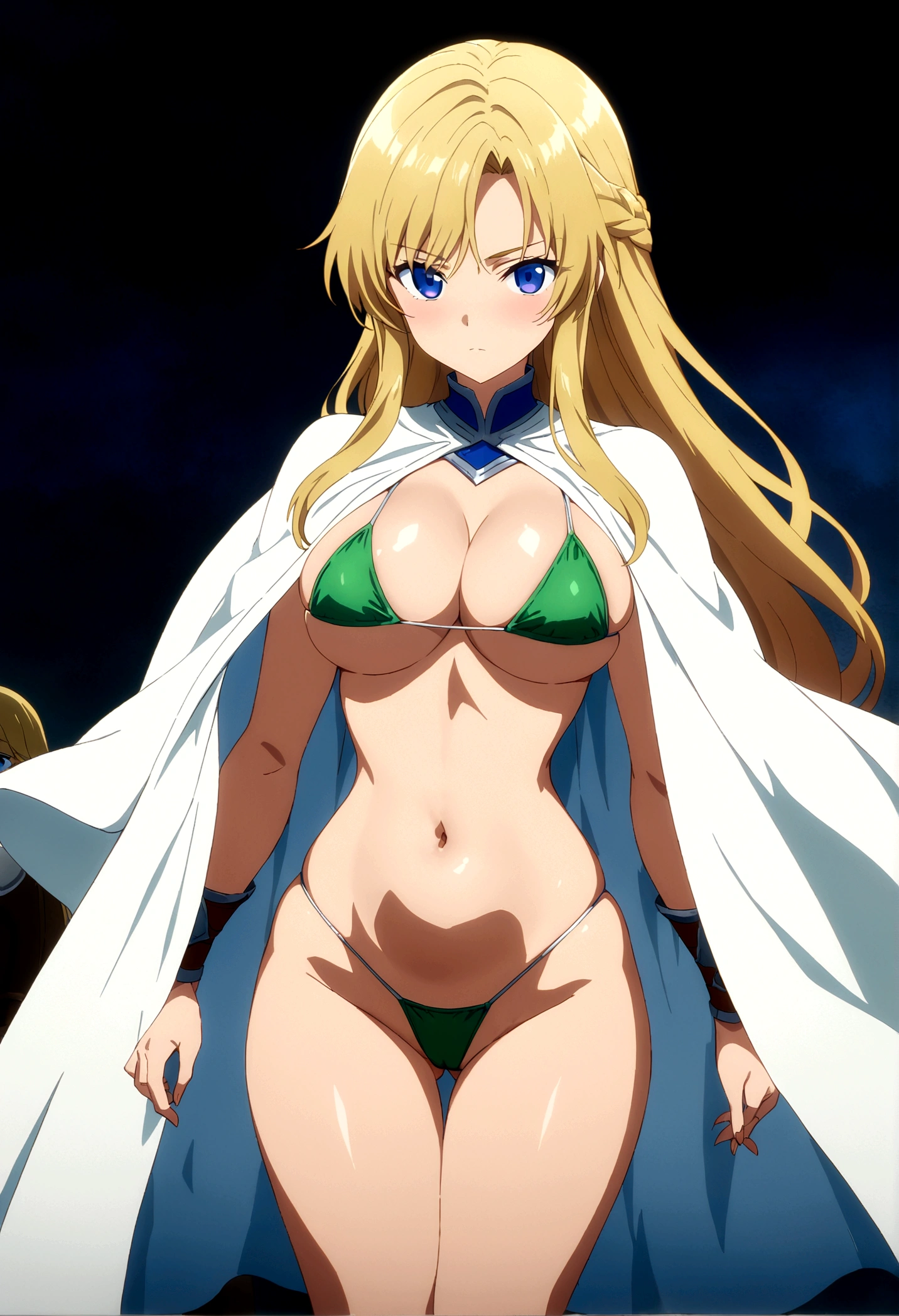 score_9, score_8_up, score_7_up,,BREAK source_anime, from side,,breast side view,standing,,medium shot,looking_at_viewer,1girl, celes chere, final fantasy.blonde hair, blue eyes, (ultra micro bikini,green bikini),large breasts,cleavage,pointy breasts,,, white cape, vambraces,bracer,  very long hair, bangs, closed mouth,.tundere,,, (best quality),(aesthetic,very aesthetic),masterpiece, highres, (anime screenshot:0.5),(cinematic lighting.,graceful posture,lean but curvy body, slender waist, round hips, willowy limbs,