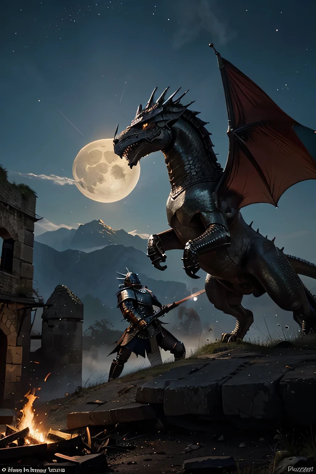 fantasy world: "A medieval knight in shining armor fights a fire-breathing dragon against the backdrop of a ruined castle. There are bright stars and a full moon in the sky above them, illuminating the epic battle."