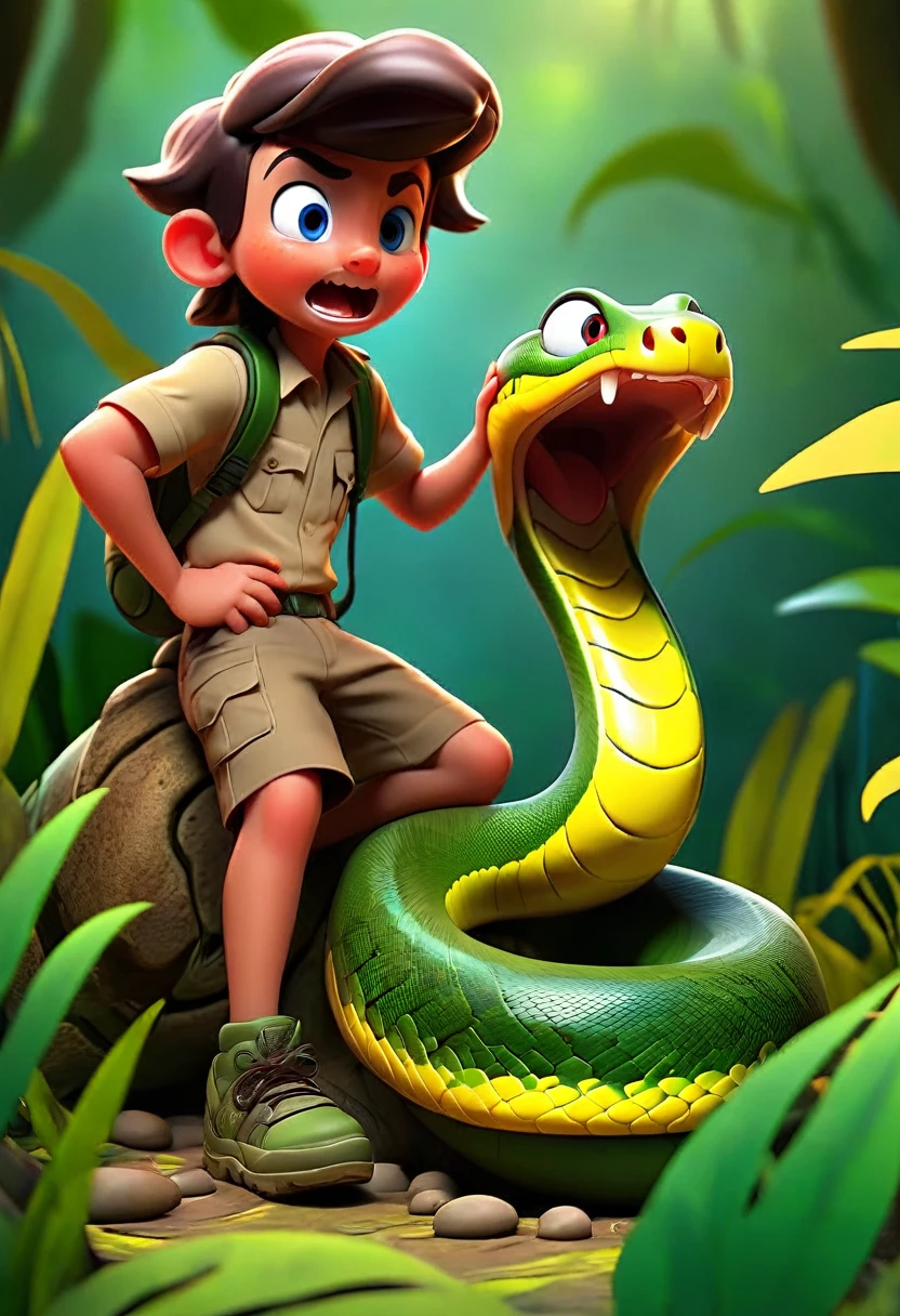 A snake was bitten by a boy on his leg in the jungle cartoon photo 