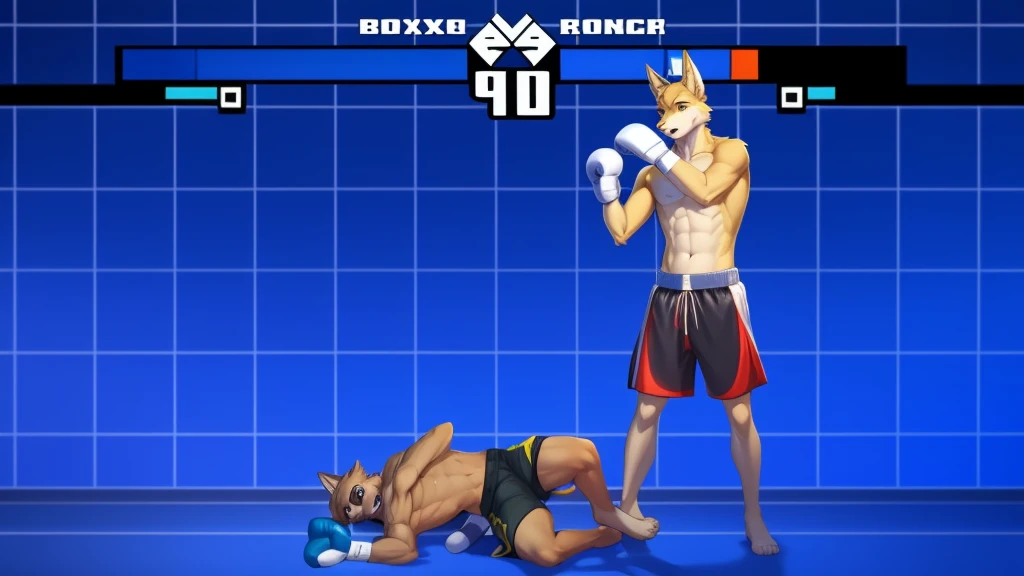 a detailed picture of a boxing match (male anthros, two boy), slim body, slim features, in a boxing ring, Ross Tran, ruan jia, trending on artstation, foxovh,User Interface of Fighting game, Crisis, assorted poses, assorted expression, full body, sound effects, motion blur, from side, ((yellow wolf, blue shorts, knocked out on the floor)), (((gray wolf, white shorts, boxing pose))) “VS”