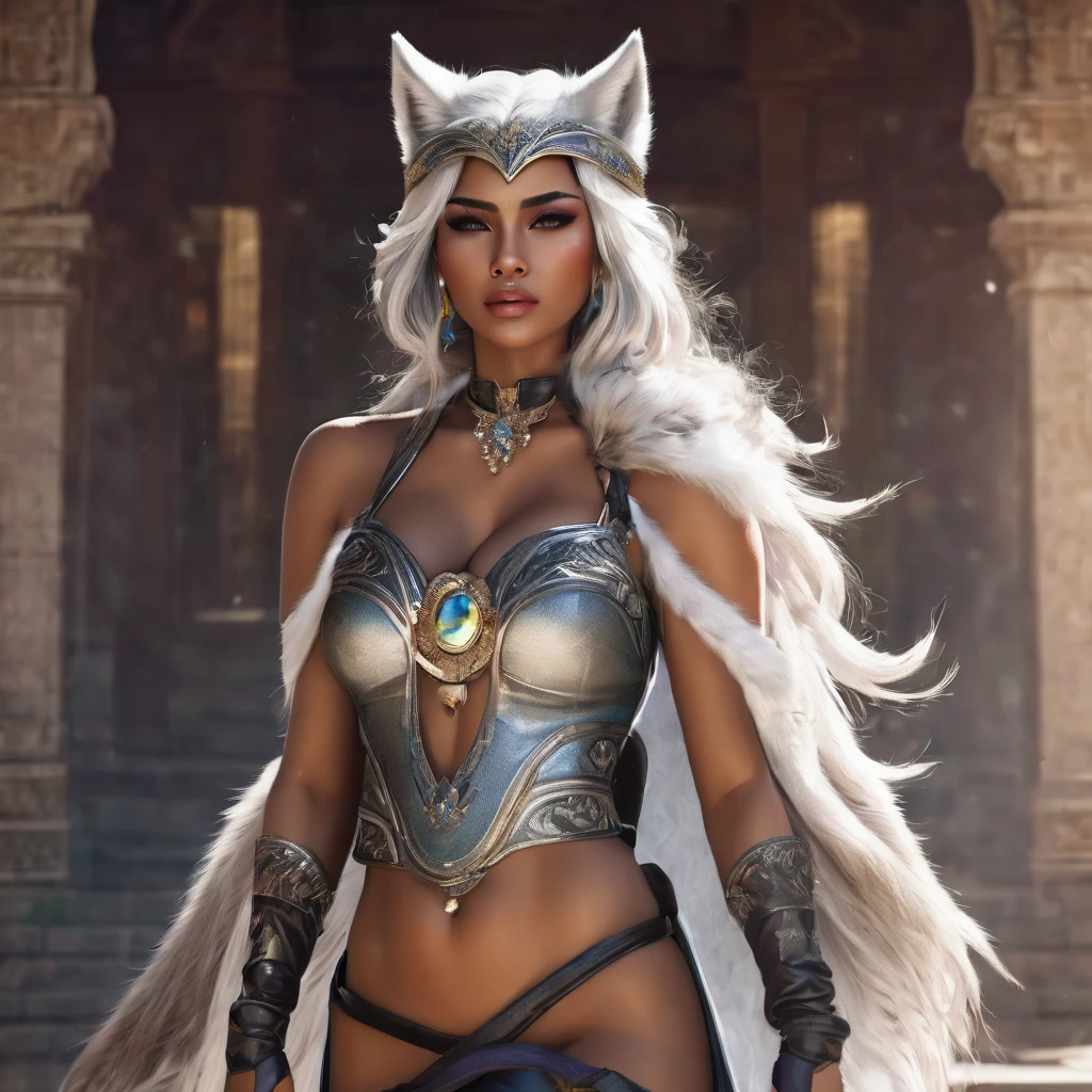 jjk:
((8k ))((Masterpiece of exquisite quality)),(( HDR Portrait)) ((meticulous details)), (( Volumetric Lighting))((Overexposed)) ,((Photorealistic high detail)),((Detailed Face))(( High quality fingers))(( Overexposed))((Solo))!
Solo Indian Woman.Tall. Light Skinned. Hourglass Muscular Body. Strong Buffed body. Abs. Beautiful Sultry heart shaped face. makeup. Monolid Eyes. Pulpy Lips. Elaborate Messy dense Hair. Elaborate hairstyle. Massive Breast.Deep cleavage. Wide Bubbly Butt . Thin Waist.
Glittering White Body tight Jewellery Jumpsuit . Sapphire Diamonds. Pearls. Intricate Embroidery. . Ornaments. Wolf attire. Fur. . . Random messy hairstyles. High boots, Tiara. Spear. Scythe. Gloves. Knuckles. Headdress. Halo. Halo effect. Wolf mane. Wolf cape. Canine makeup
Panoramic view . Dynamic camera shot. . Dynamic view . Staring up at Camera. Focus cleavage .
Geometric background .
Unreal engine 5 Render.
Nonchalant Pose. Leaning . Makeup. Alluring poses. glorious. Majestic.
