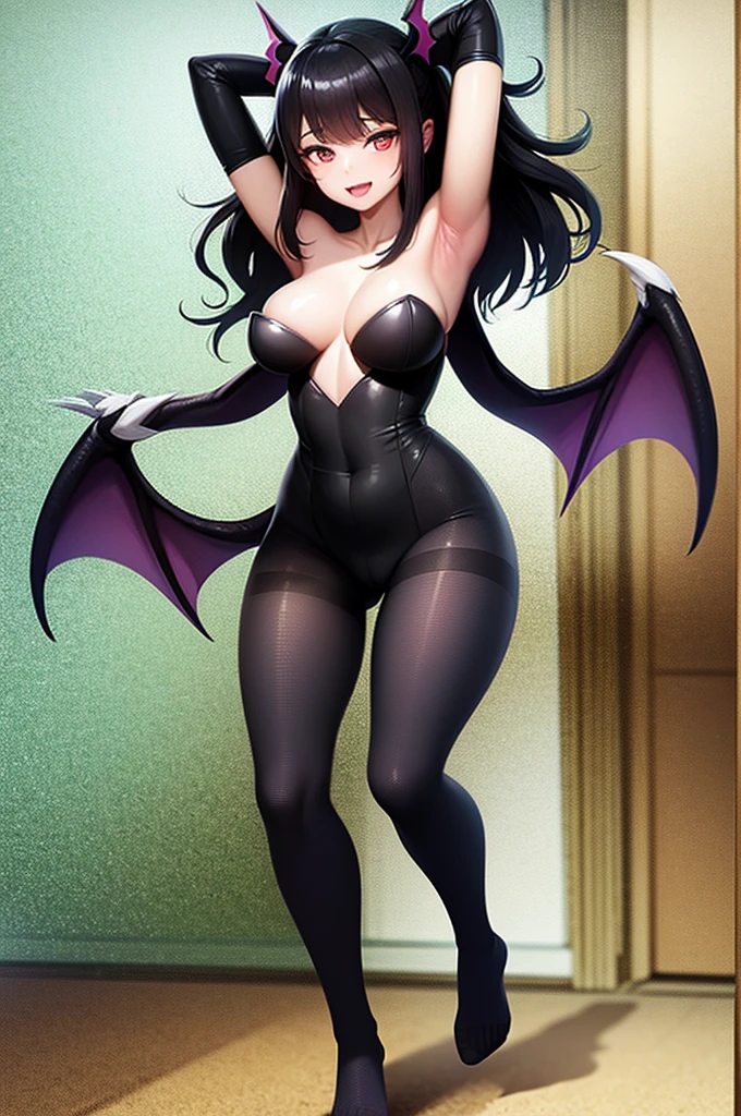 Draw a face carefully High quality anime style faces Black Hair Black full body suit Purple pantyhose with bat print Attractions Laughter Morrigan Aensland Rear View