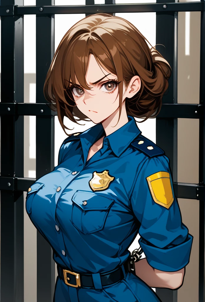 masterpiece, best quality, mature woman, mature face, trimmed hairstyle, brunette hair, mature face, hot face, sharp eyes, medium breasts, curvy body, hazel eyes, police outfit, looking at viewer, tough appearance, prison cell, jail cell, (looking serious), pissed off face, glaring eyes, angry expression, (chained up, restrained)