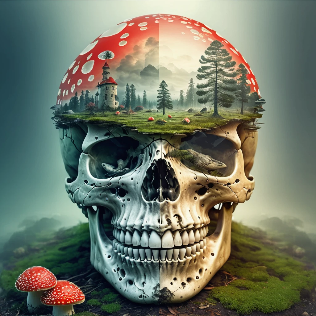 (double exposure:1.3) effect of fly agaric skull and fly agaric mushrooms, superimposed on a tranquil landscape, ultra detailed