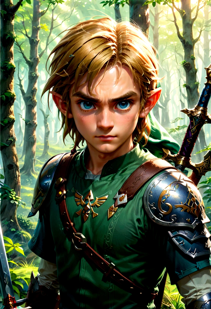 1boy, Link, The Legend of Zelda, Generate a high-fidelity, detail-oriented closeup of Link from the Legend of Zelda holding a sword and shield. The setting is a forest background, with elements such as trees and shrubs subtly included in the background. The image should mimic the texture and depth of an oil painting, expressing the character's confident nature yet also its beauty in a poignant and compelling way, influenced by the art of Lou Xaz, masterpiece, best quality, very aesthetic, absurdres