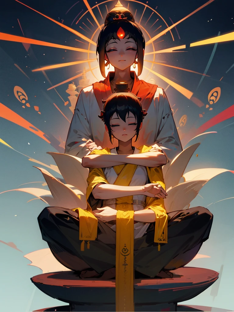 Amitabha Buddha 泣き顔 eyes closed buddha posture halo black hair hands together third eye