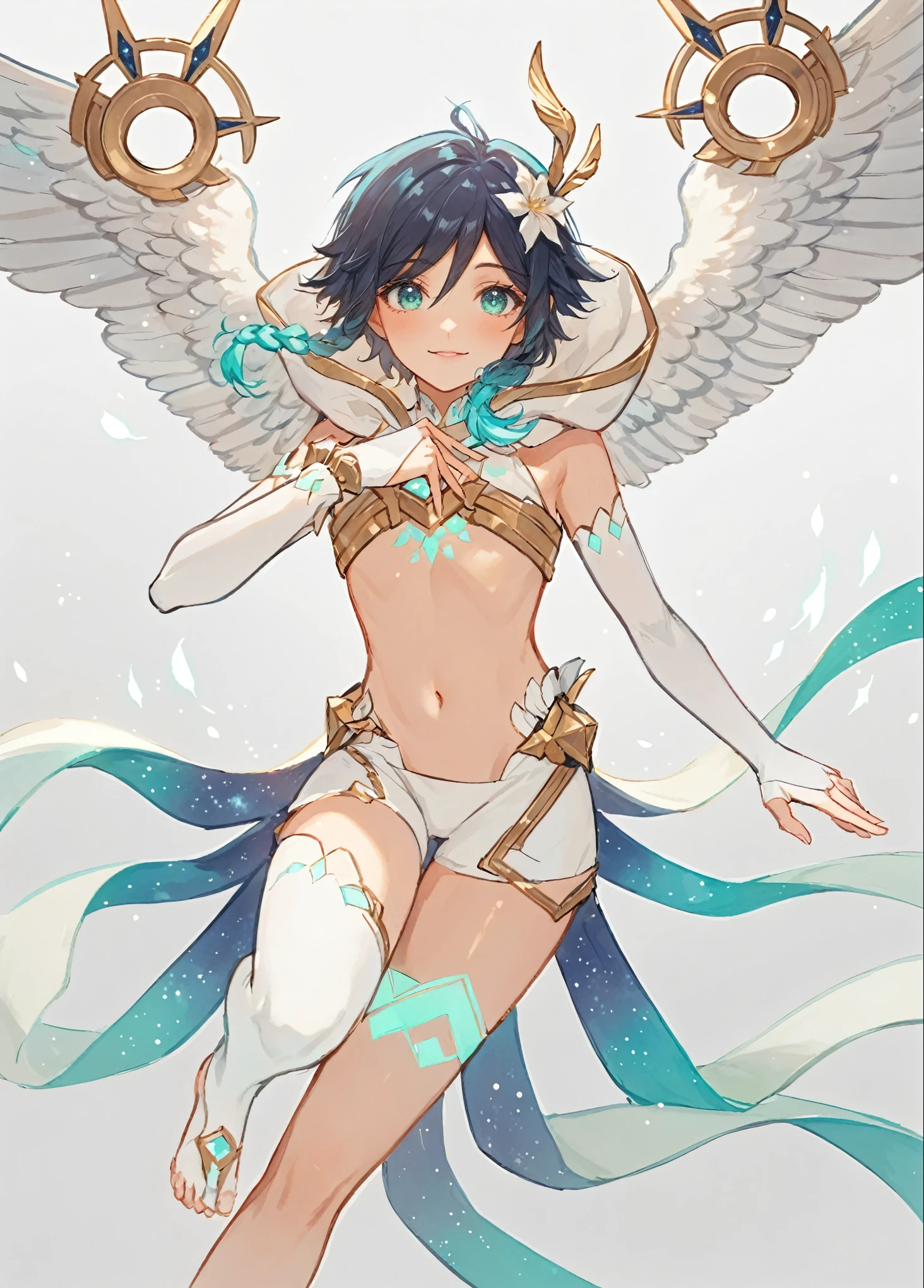 ai-generated,very aesthetic,1boy,venti_/(archon/)_/(genshin_impact/),male_focus,detailed_eyes,white feathered_wings,white halter_crop top,white shorts,hair_flower,midriff,black blue hair gradient,dsmile,((flat chest)),starry_sky,moon,starry_sky_print,((bluegreen eyes)),slender,feathers,divine,detailed_eyes,long_eyelashes,pink_lips,glossy lips,narrow_waist,dreamy anime fantasy background,raytracing,floating,light particles,dsmile,starry sky, shooting stars,celestial,intricate,(best quality,4k,8k,highres,masterpiece:1.2),twin braids