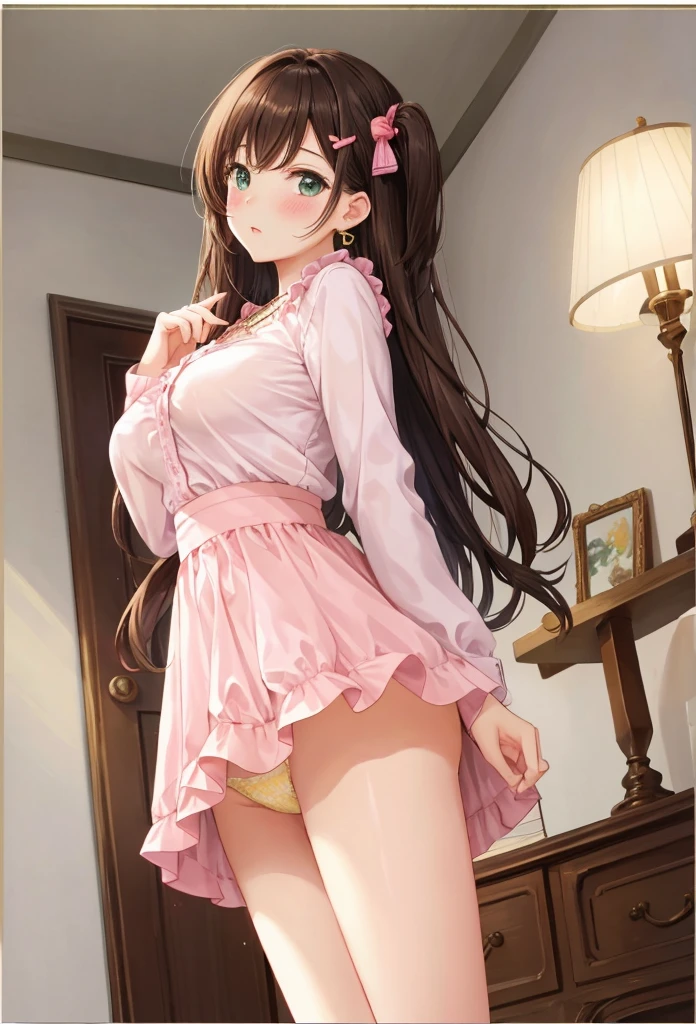 1 beautiful girl of 20 years old, anime girl, in the room, home interior, brown hair, bangs, hair over shoulder, long hair, messy hair, wavy hair, hair one side up, bangs pinned back, hair scarf, hair ornament, hairclip, heart hair ornament, raised eyebrows, aqua eyes, wide eyes, heart earrings, blush, bright pupils, puckered lips, confused, pensive, a finger on her lips, jewelry, glossy lips, necklace, pink blouse, small blouse, long sleeves, navy blue skirt, short skirt with ruffles, yellow panties, panties with lace, exposed panties, big and round breasts, thin waist, shapely thighs, open legs, wallpaper, detailed eyes, extra detailed face, Highly detailed CG, she leans forward, skirt lift, (upskirt:1.3), from below, from side, pov, illustration, high detail, anime, Art Deco, glowing light, dithering, image fill, framed, perspective, Wide-Angle, f/1.8, 85mm, 135mm, Sony FE, 8k, super detail, UHD, retina, masterpiece, accurate, anatomically correct, high quality, best quality, highres