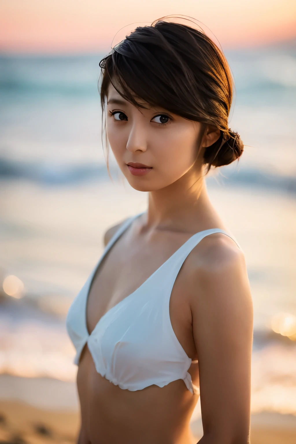 Top quality, realistic, perfect human body structure, very detailed, very delicate and beautiful, RAW photography, beach, professional lighting, luminescence, depth of field, single focal, full body, Skinny Japanese lady, 30 year old lady, brown hair, small head, beautiful eyes, real face, realistic skin, detailed eyes, (fashionable hairstyle: 1.3), sexy pose, absurderes, Incredibly Ridiculous res, Extremely fine, Blouse