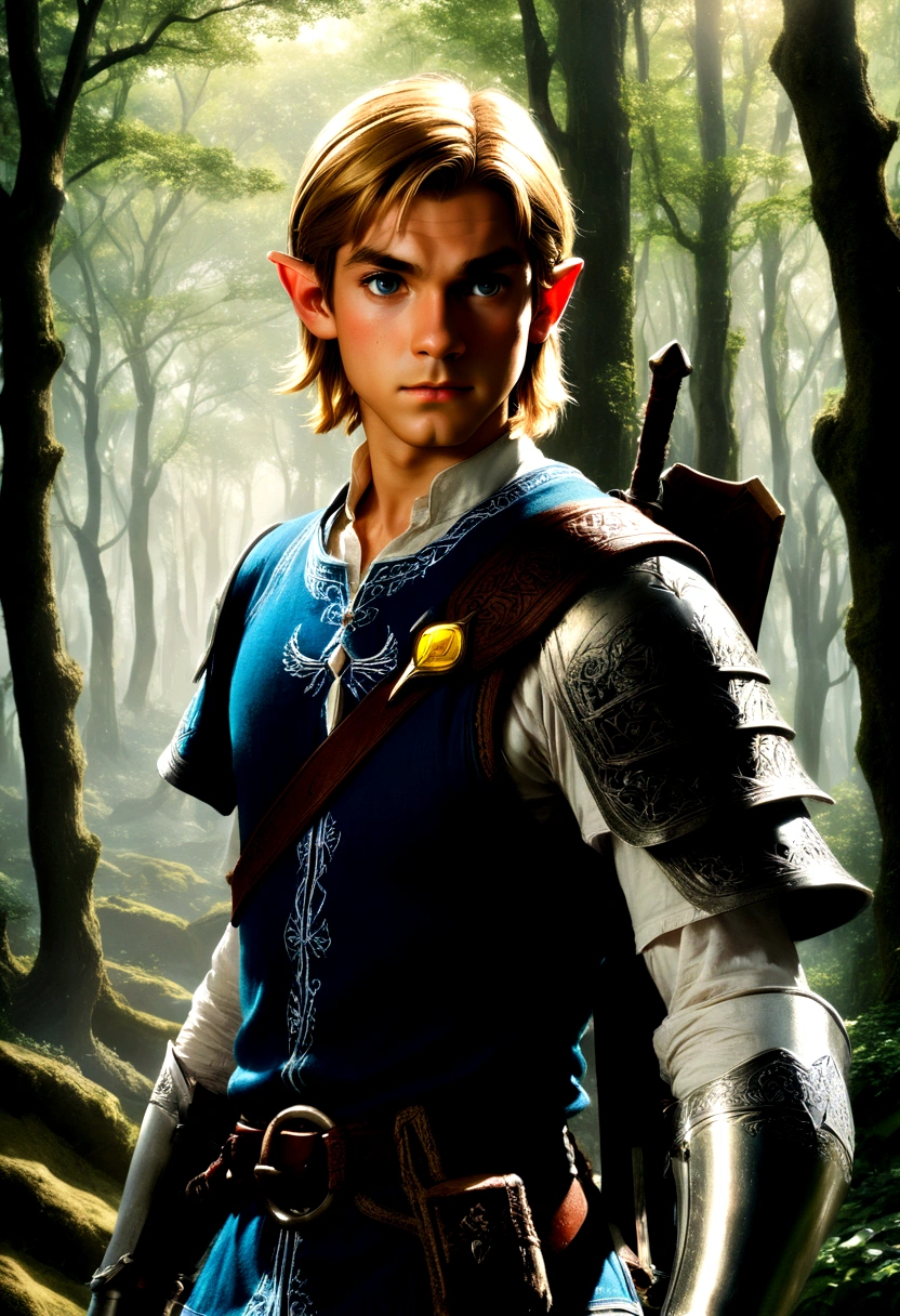 1boy, Link, The Legend of Zelda, Generate a high-fidelity, detail-oriented closeup of Link from the Legend of Zelda holding a sword and shield. The setting is a forest background, with elements such as trees and shrubs subtly included in the background. The image should mimic the texture and depth of an oil painting, expressing the character's confident nature yet also its beauty in a poignant and compelling way, influenced by the art of Lou Xaz, masterpiece, best quality, very aesthetic, absurdres
