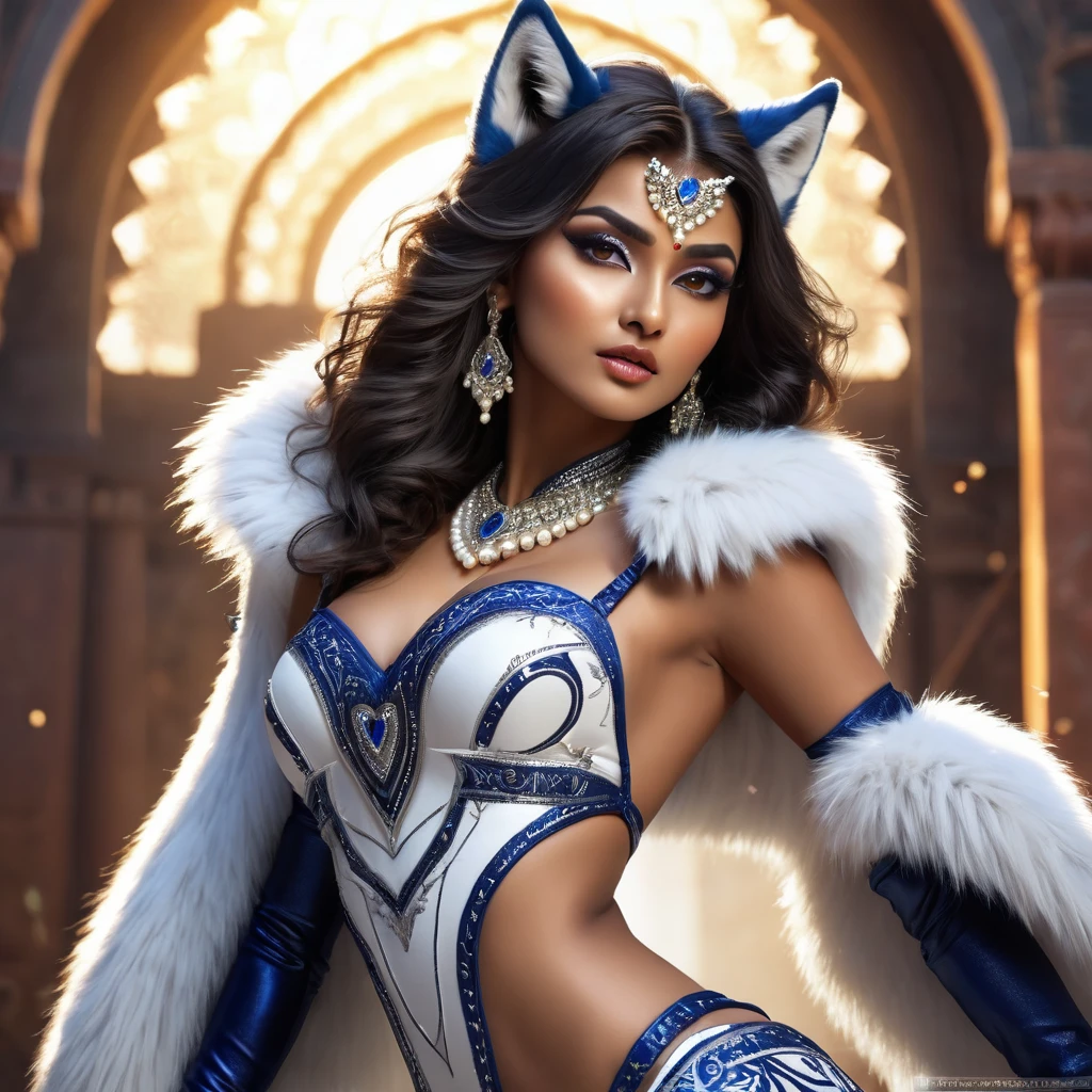 jjk:
((8k ))((Masterpiece of exquisite quality)),(( HDR Portrait)) ((meticulous details)), (( Volumetric Lighting))((Overexposed)) ,((Photorealistic high detail)),((Detailed Face))(( High quality fingers))(( Overexposed))((Solo))!
Solo Indian Woman.Tall. Light Skinned. Hourglass Muscular Body. Strong Buffed body. Abs. Beautiful Sultry heart shaped face. makeup. Monolid Eyes. Pulpy Lips. Elaborate Messy dense Hair. Elaborate hairstyle. Massive Breast.Deep cleavage. Wide Bubbly Butt . Thin Waist.
Glittering White Body tight Jewellery Jumpsuit . Sapphire Diamonds. Pearls. Intricate Embroidery. . Ornaments. Wolf attire. Fur. . . Random messy hairstyles. High boots, Tiara. Spear. Scythe. Gloves. Knuckles. Headdress. Halo. Halo effect. Wolf mane. Wolf cape. Canine makeup
Panoramic view . Dynamic camera shot. . Dynamic view . Staring up at Camera. Focus cleavage .
Geometric background .
Unreal engine 5 Render.
Nonchalant Pose. Leaning . Makeup. Alluring poses. glorious. Majestic.